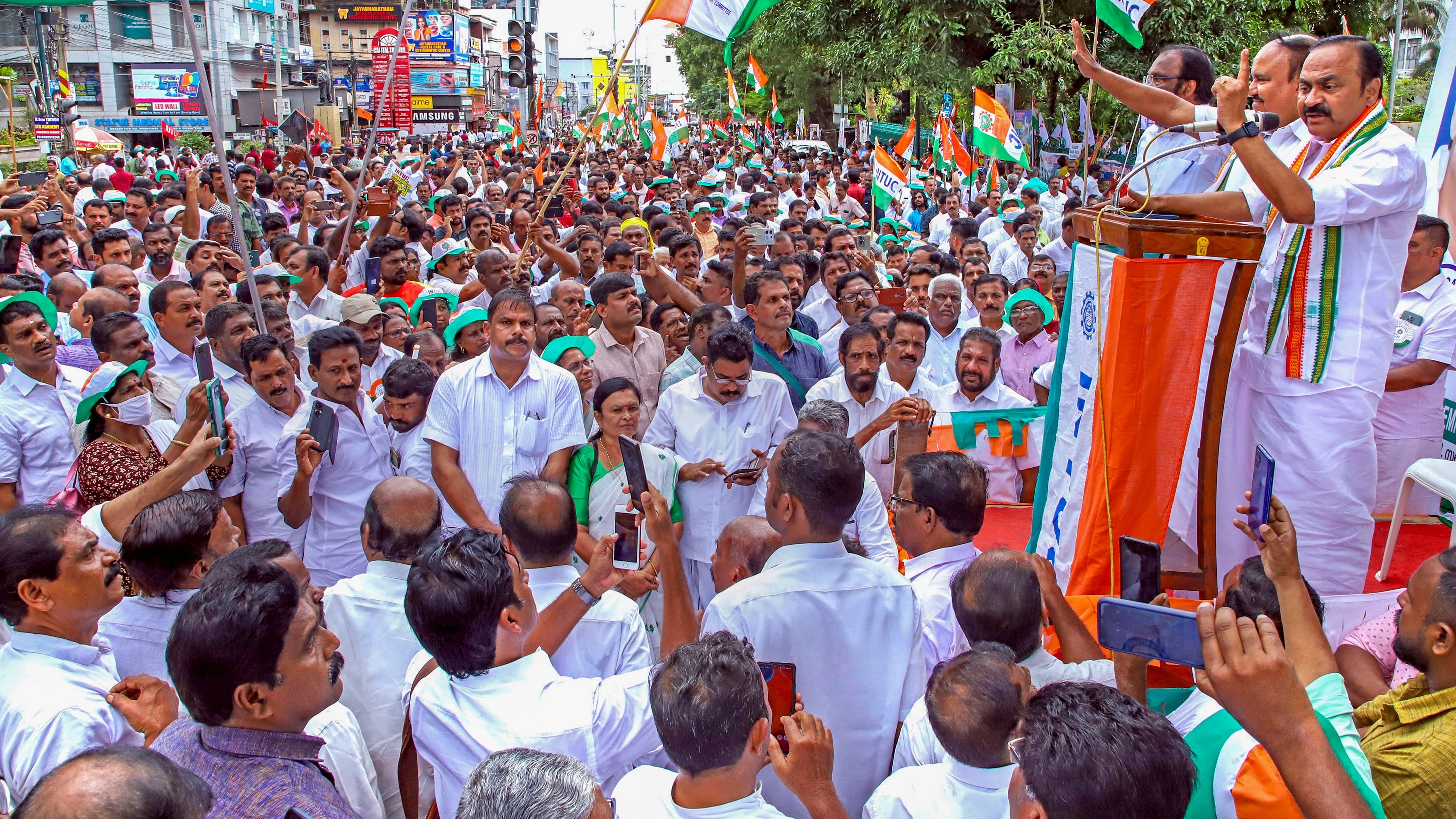 <div class="paragraphs"><p>Leader of Opposition in Kerala Assembly V D Satheesan speaks during a protest.&nbsp;</p></div>