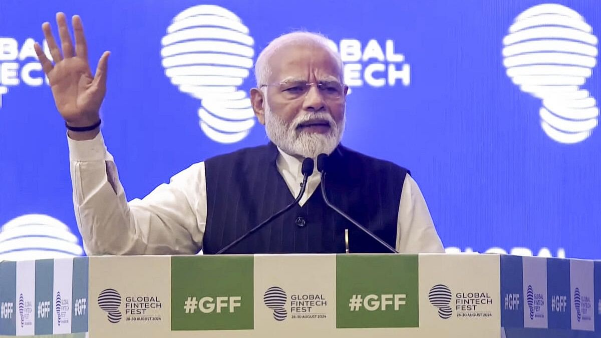 <div class="paragraphs"><p>Prime Minister Narendra Modi addresses a gathering during the Global FinTech Fest, in Mumbai, Friday, August 30, 2024.</p></div>