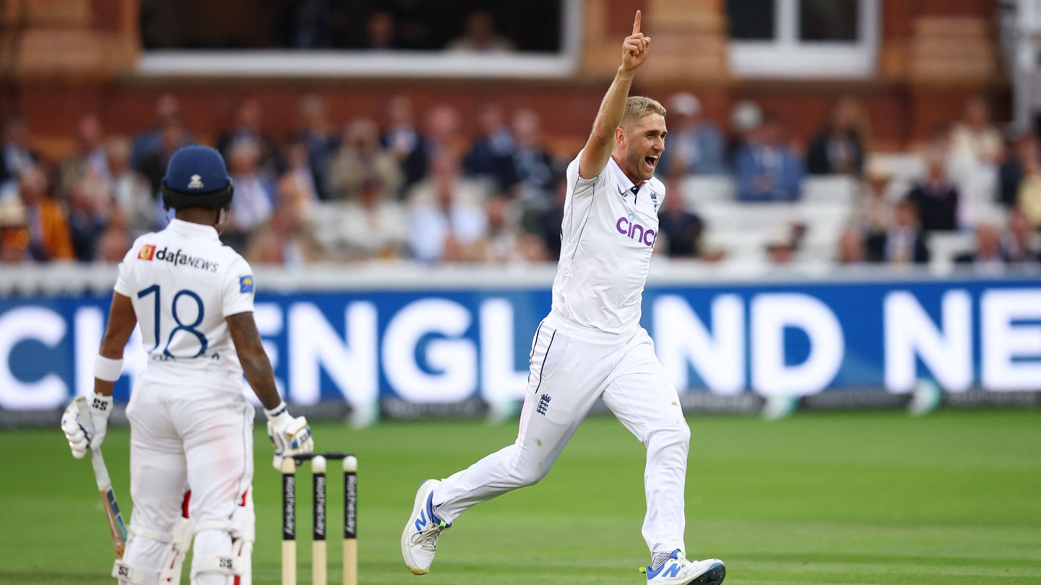 <div class="paragraphs"><p>England's Olly Stone celebrates after taking the wicket of Sri Lanka's Pathum Nissanka, caught out by Joe Root.</p></div>