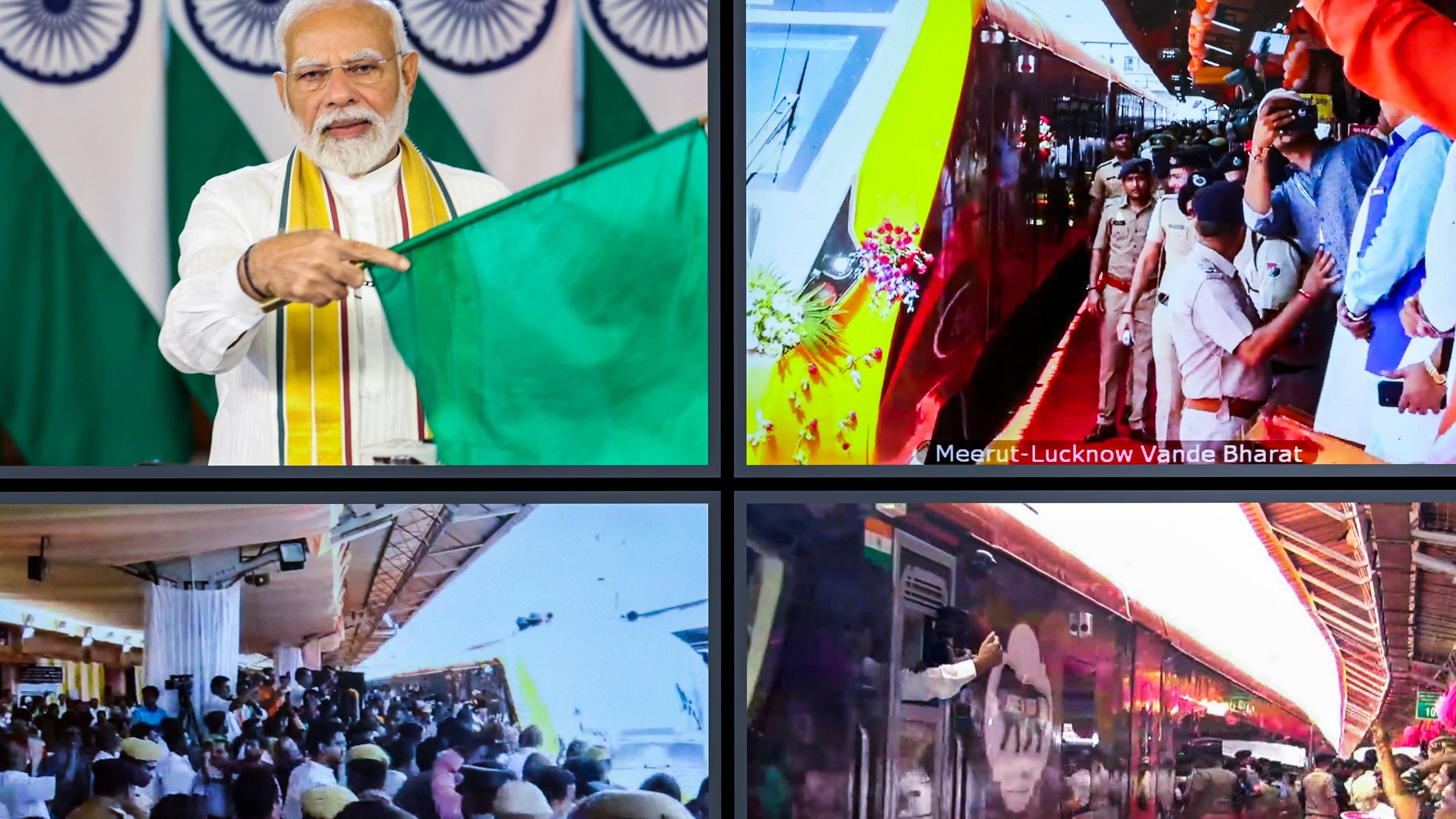 <div class="paragraphs"><p>Prime Minister Narendra Modi flags off three Vande Bharat trains between Meerut and Lucknow, Madurai and Bengaluru, and Chennai and Nagercoil, via video conferencing.</p></div>