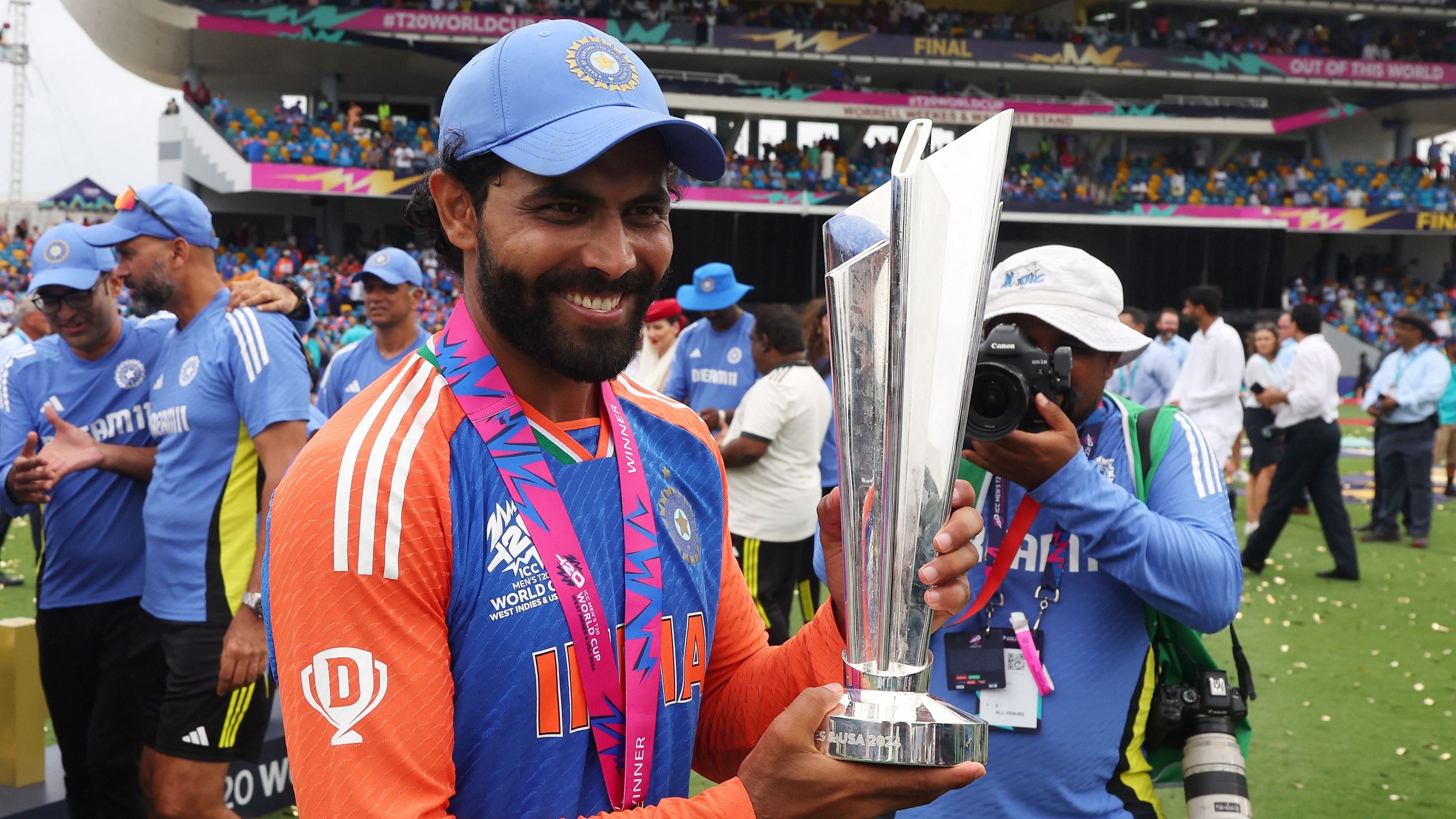 <div class="paragraphs"><p>Ravindra Jadeja celebrates with the trophy after winning the T20 World Cup.</p></div>