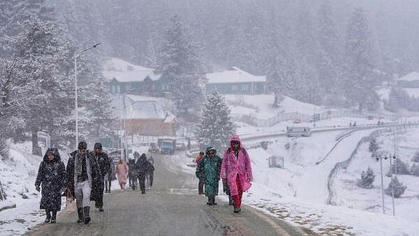 <div class="paragraphs"><p>Tourists amid light snowfall at ski resort Gulmarg.</p></div>