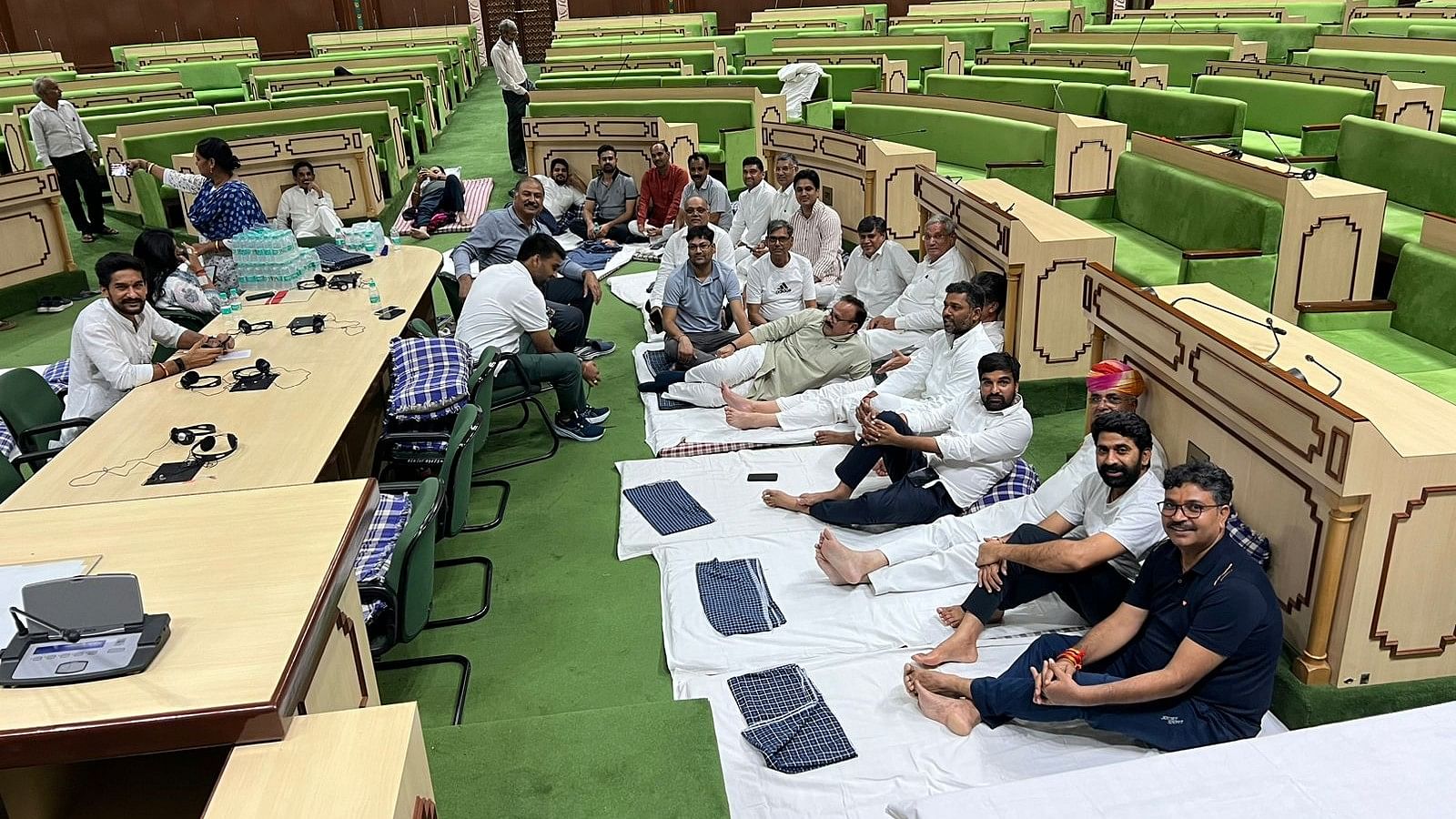 <div class="paragraphs"><p>Congress legislators staging a dharna in the Rajasthan Assembly.</p></div>