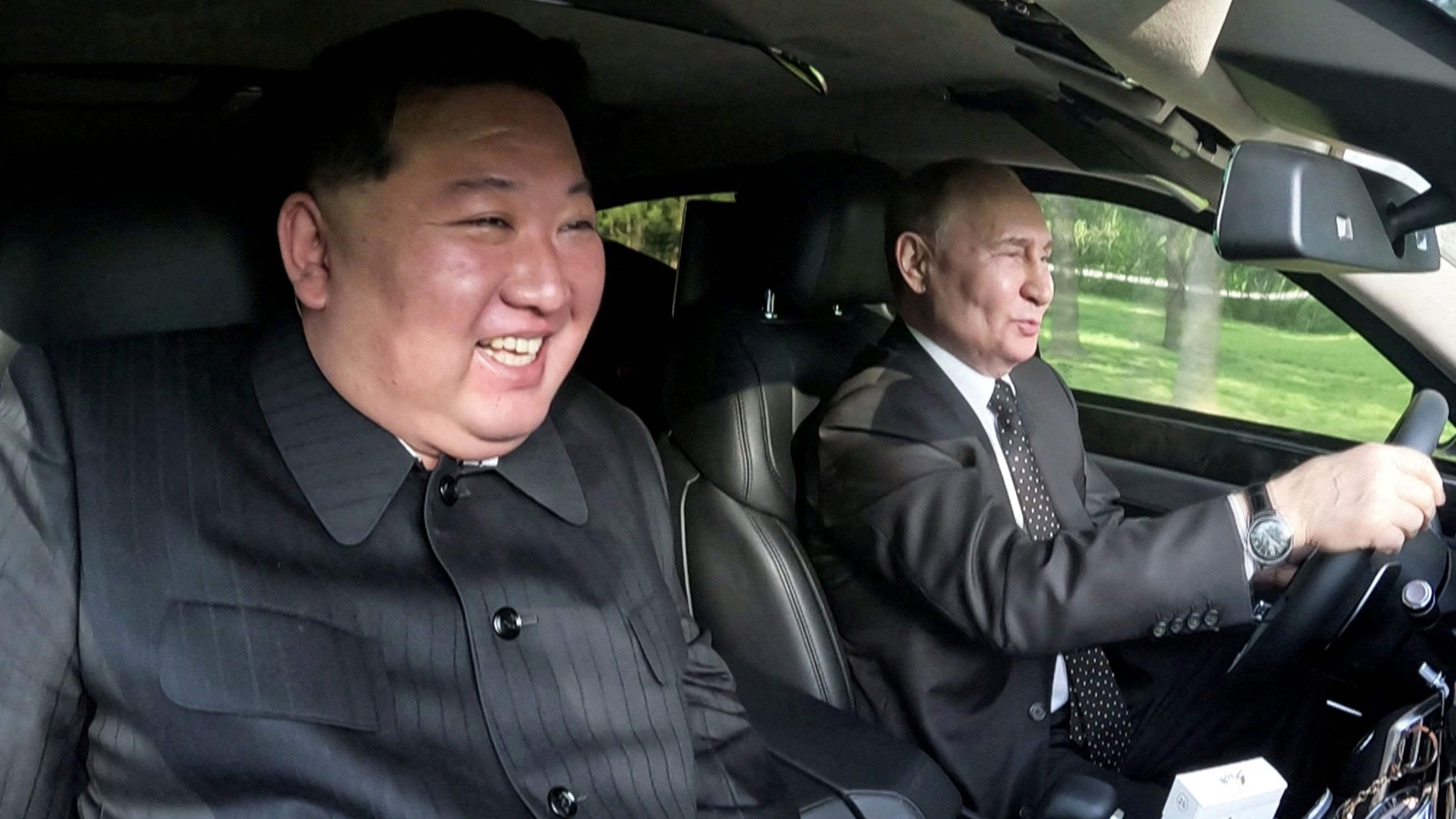 <div class="paragraphs"><p>Russia's President Vladimir Putin and North Korea's leader Kim Jong Un ride an Aurus car in Pyongyang, North Korea in this image released by the Korean Central News Agency June 20, 2024.    </p></div>