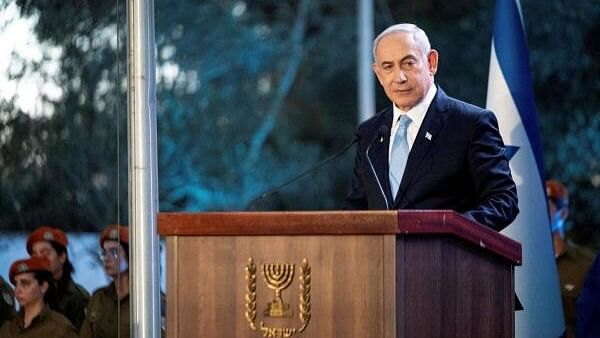 <div class="paragraphs"><p>Israeli Prime Minister Benjamin Netanyahu speaks at a state memorial ceremony for Zeev Jabotinsky, founder of the Revisionist Zionist movement, amid the ongoing Israel-Hamas conflict at Mount Herzl military cemetery in Jerusalem, August 4, 2024.</p></div>