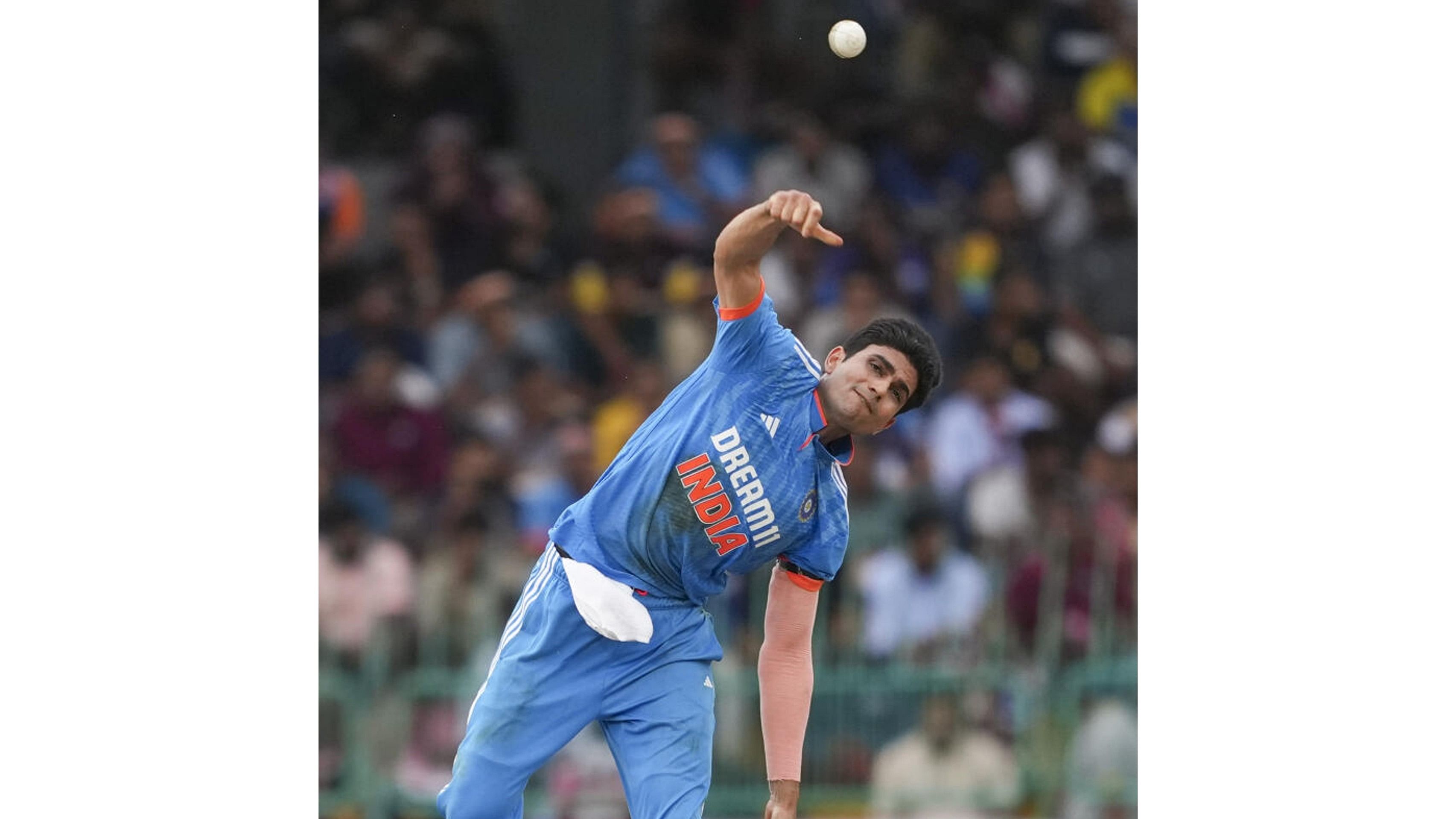 <div class="paragraphs"><p>India’s Shubman Gill bowls a delivery during the first ODI cricket match of the series between India and Sri Lanka.</p></div>