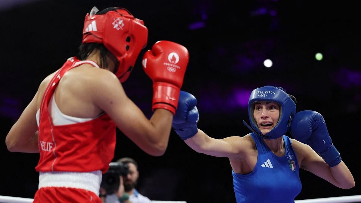 <div class="paragraphs"><p> Angela Carini (R) of Italy in action against Imane Khelif of Algeria.</p></div>