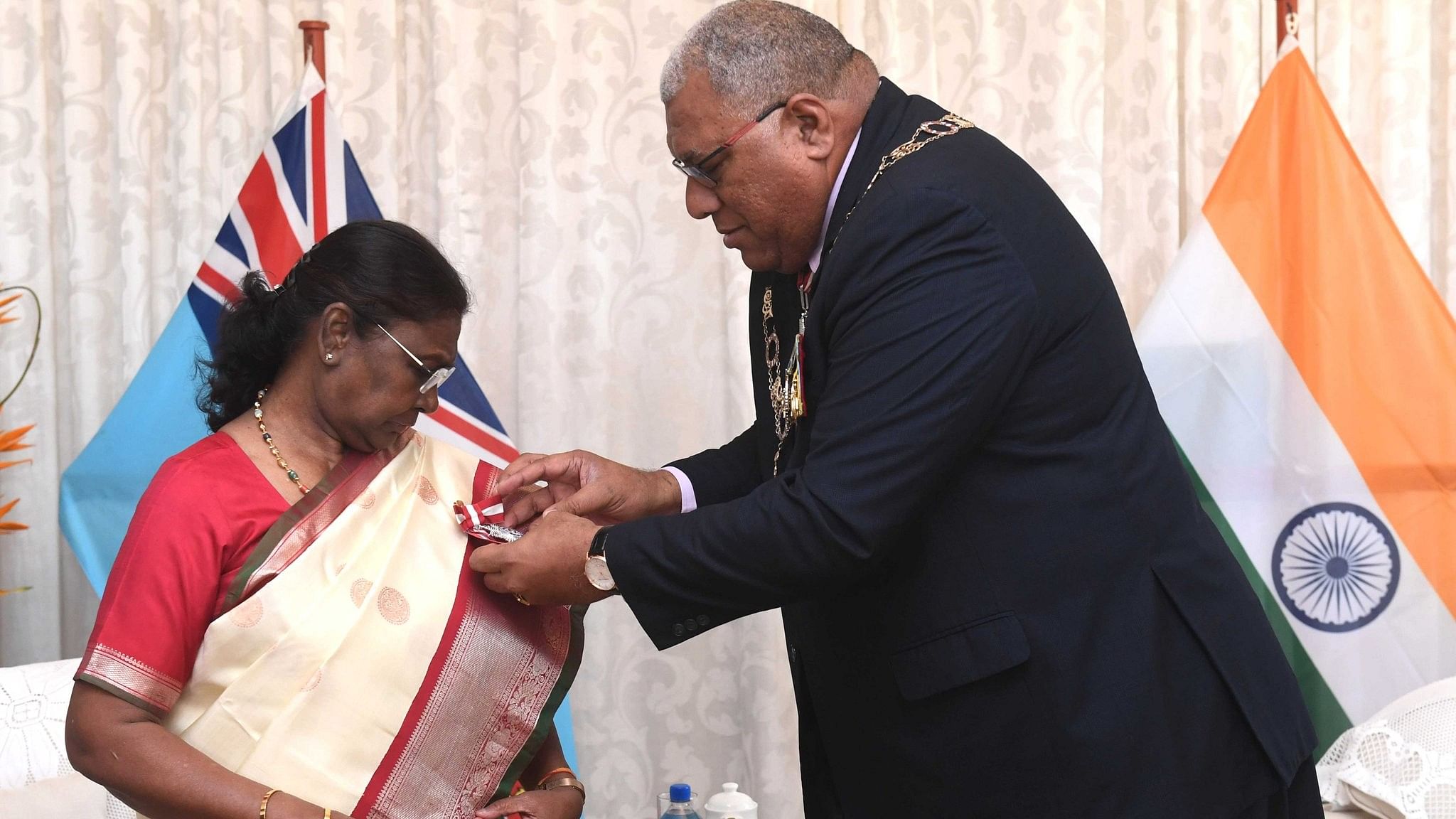 <div class="paragraphs"><p>President of Fiji Ratu Wiliame Maivalili Katonivere confers the Companion of the Order of Fiji upon President Droupadi Murmu, in Suva, Tuesday, Aug. 6, 2024.</p></div>