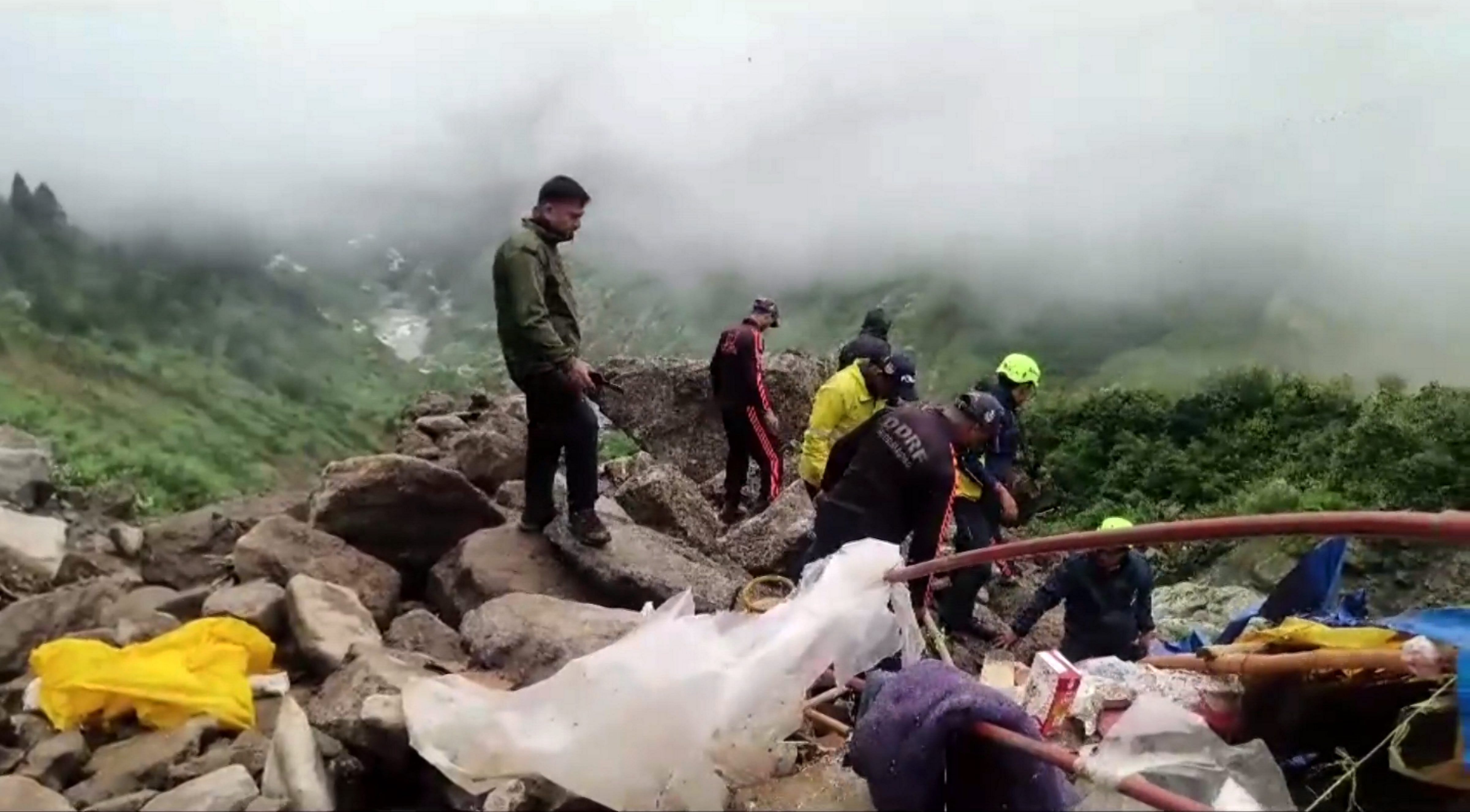 <div class="paragraphs"><p> Rescue work underway after landslides trigerred by heavy rain damaged the Kedarnath pedestrian route.</p></div>