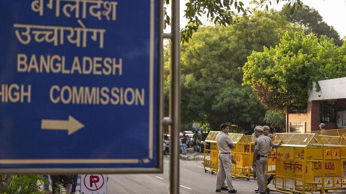 <div class="paragraphs"><p>Security outside the Bangladesh High Commission after Prime Minister Sheikh Hasina resigned and left the country following weeks of anti-government protests, in New Delhi, Monday, Aug. 5, 2024.</p></div>