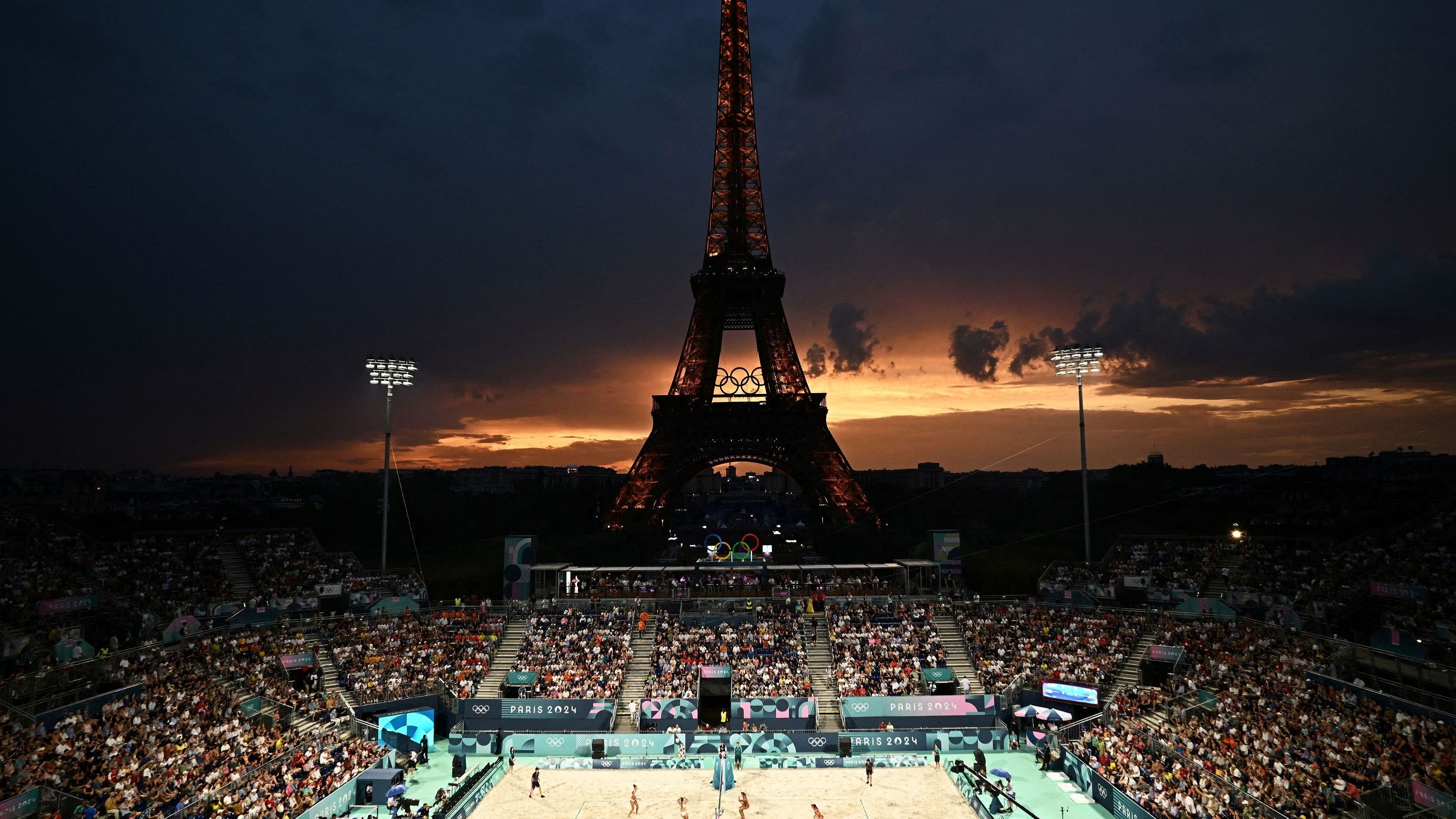 <div class="paragraphs"><p>General view of the Eiffel Tower Stadium shows the Eiffel Tower with the Olympic rings at dusk. </p></div>