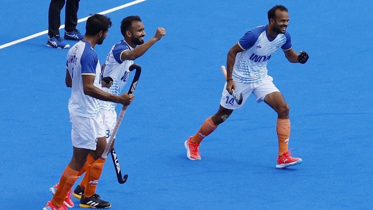 <div class="paragraphs"><p>Gurjant Singh of India, Sukhjeet Singh of India and Lalit Kumar Upadhyay of India celebrate their second goal.</p></div>