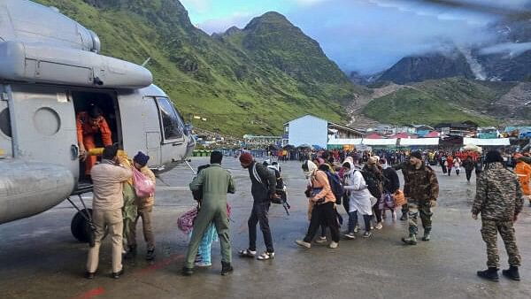 <div class="paragraphs"><p>Stranded people board an IAF helicopter in Kedarnath. IAF helicopters leapt into action, resuming the Rescue Operations at Kedarnath after an impatient wait due to poor weather in the valley on August 5, 2024.</p></div>