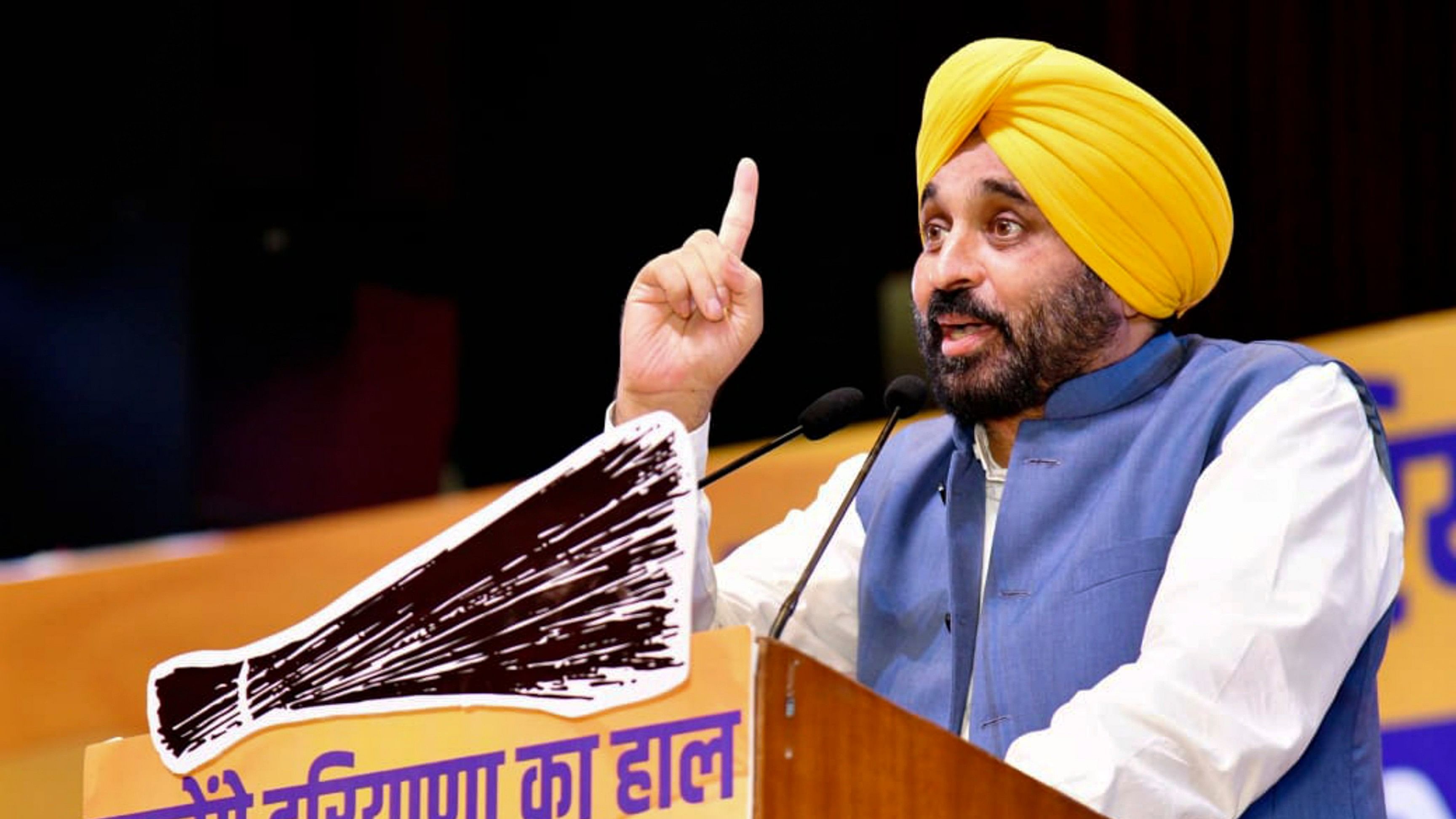 <div class="paragraphs"><p>File photo of Punjab CM Bhagwant Mann addresses at an Aam Aadmi Party (AAP)'s state level town hall programme ahead of the Haryana Assembly elections, in Panchkula.</p></div>