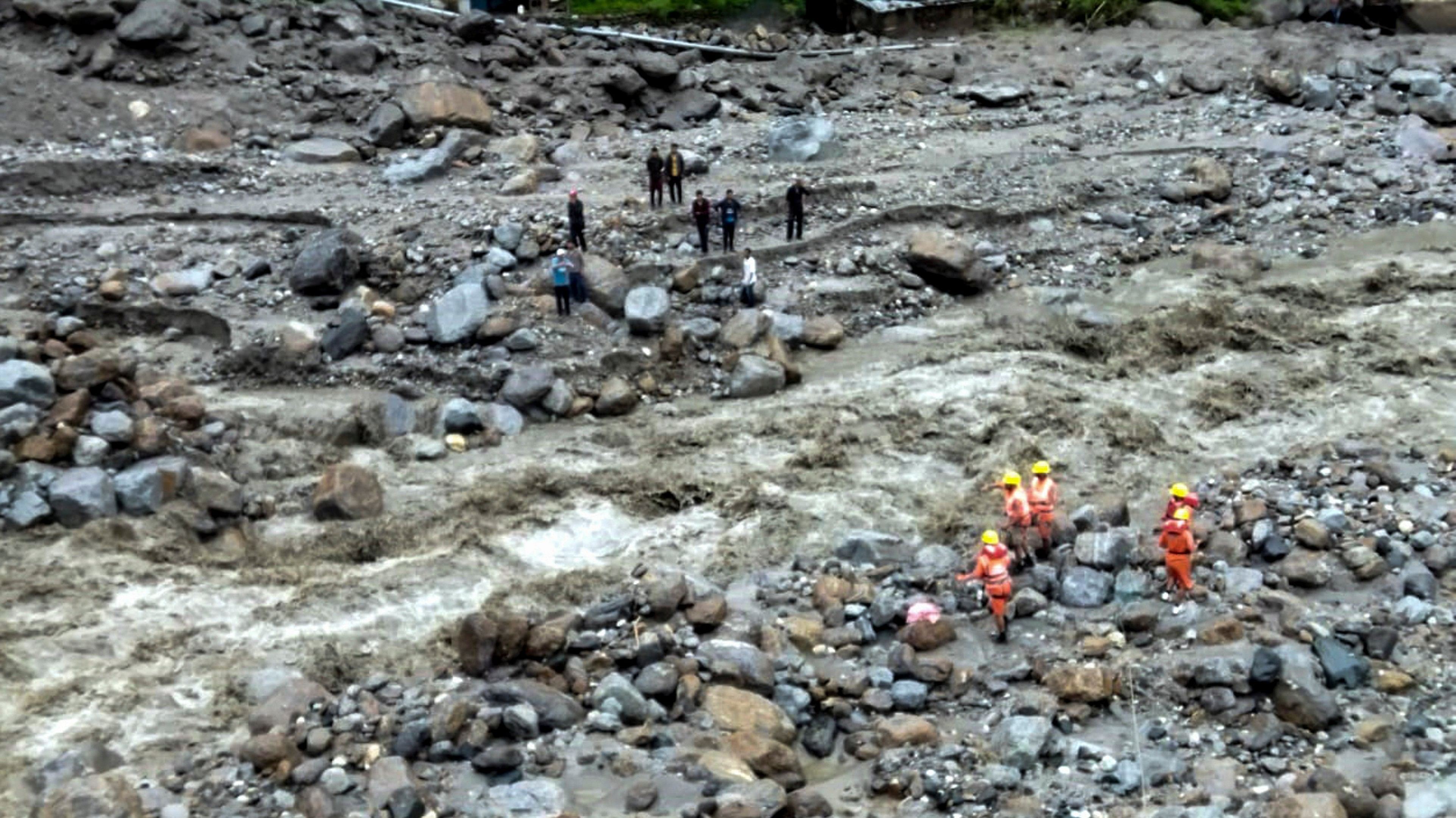 <div class="paragraphs"><p>Shimla: Rescue operation underway following a cloudburst in Jhakhari area of Rampur subdivision, in Shimla district, Thursday, August 1, 2024. At least 30 people are missing after the cloudburst, according to officials. </p></div>