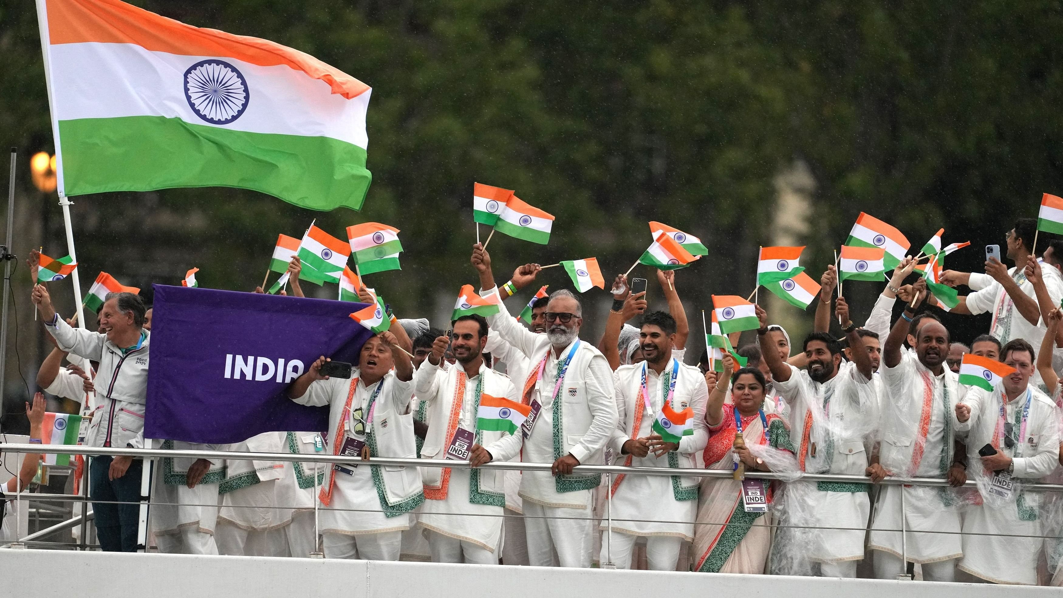 <div class="paragraphs"><p>Indian athletes wore tricolour uniforms designed by Tarun Tahiliani at the opening ceremony of Paris Olympics 2024.</p></div>