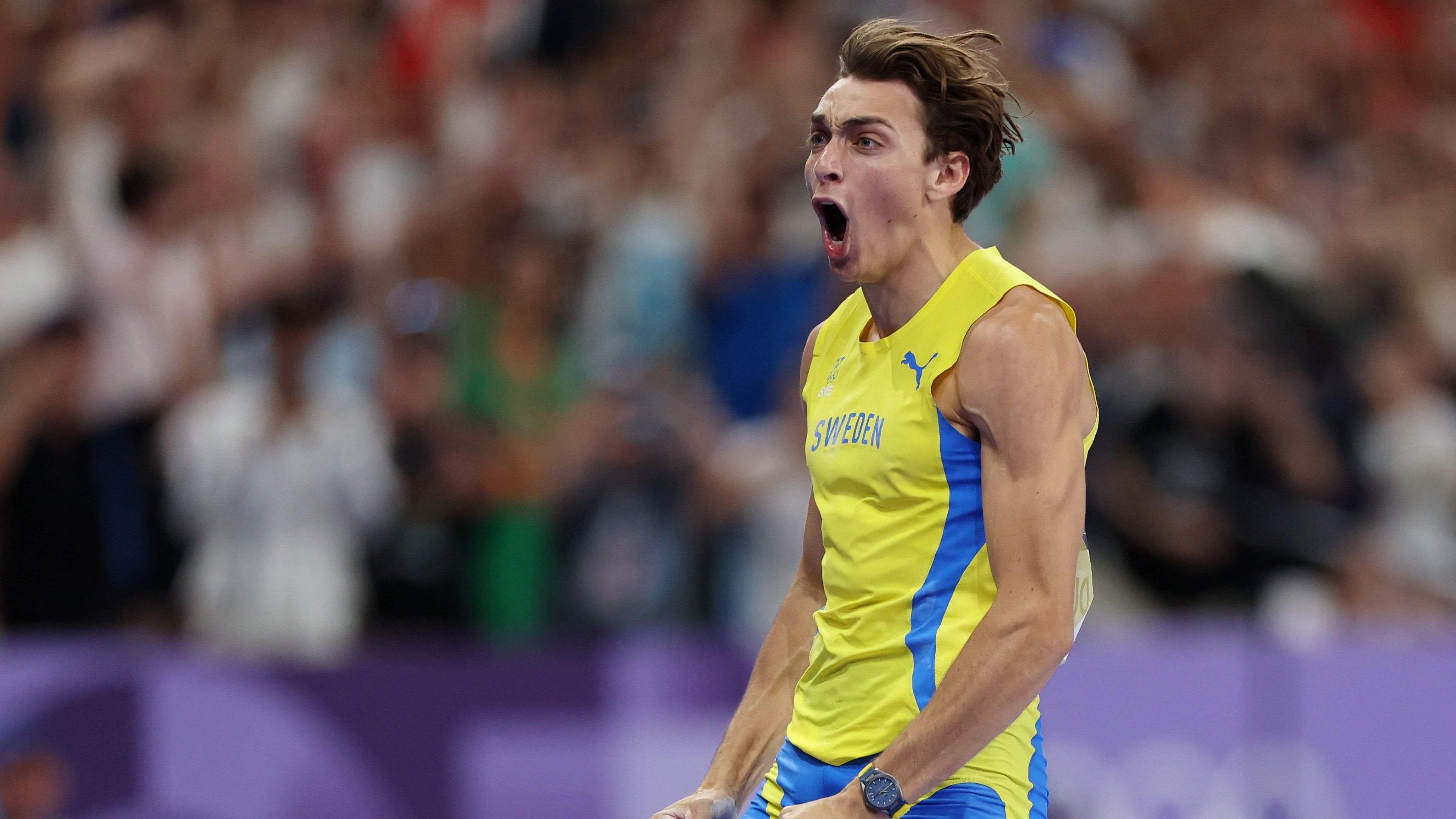 <div class="paragraphs"><p>Gold medallist Armand Duplantis of Sweden celebrates after vaulting a new world record of 6.25 metres. </p></div>