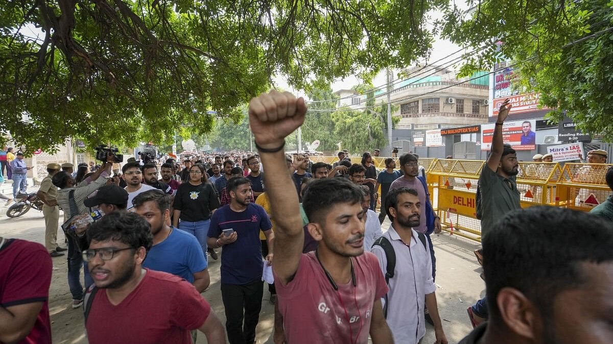 <div class="paragraphs"><p>File photo of students during a protest over the deaths of three civil services aspirants due to drowning at a coaching centre in Old Rajinder Nagar area, in New Delhi.&nbsp;</p></div>