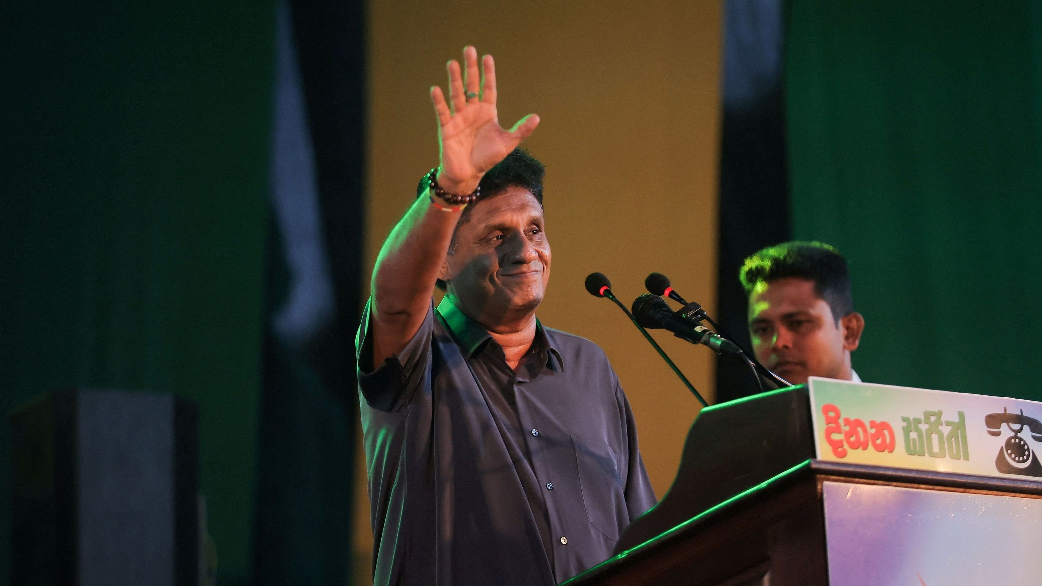 <div class="paragraphs"><p>Sajith Premadasa, leader of the Samagi Jana Balawegaya party, gestures at an election campaign rally for the upcoming presidential election, scheduled for September 21, in Colombo, Sri Lanka August 22, 2024. </p></div>