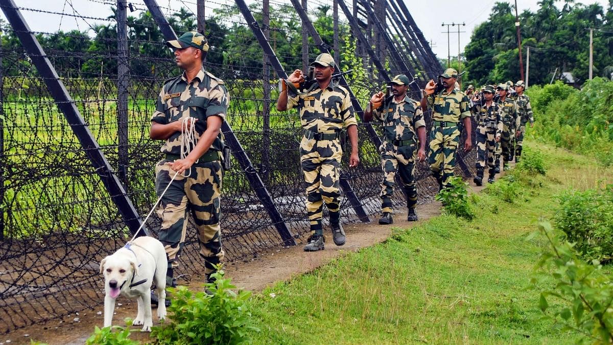 <div class="paragraphs"><p>BSF personnel patrol along the India-Bangladesh border fence in Tripura.</p></div>