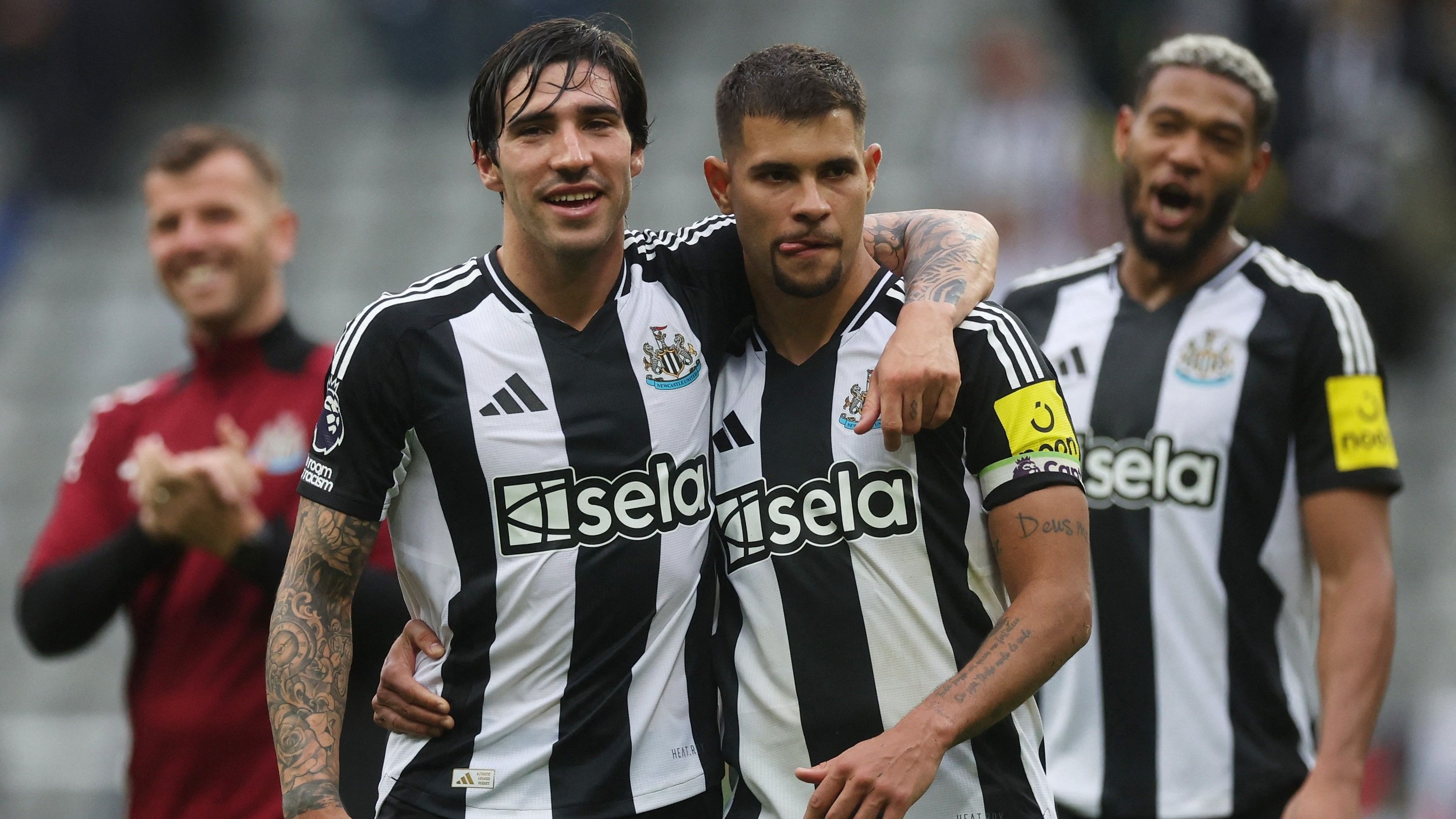 <div class="paragraphs"><p>Newcastle United's Sandro Tonali and Bruno Guimaraes celebrate after the match.</p></div>