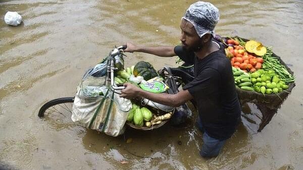 <div class="paragraphs"><p>A vegetable vendor wades through a water logged street after heavy rainfall at Anil Nagar, in Guwahati, Sunday.&nbsp;</p></div>