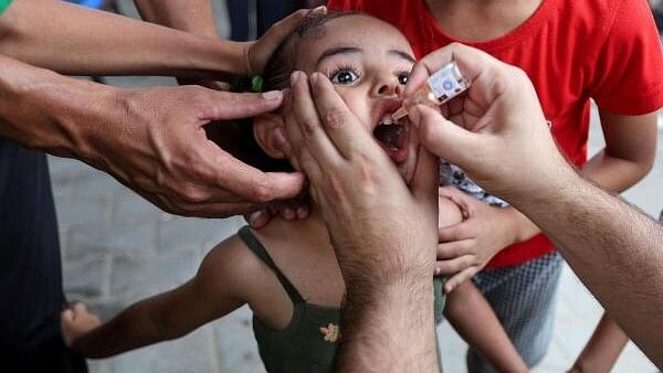 <div class="paragraphs"><p>A Palestinian girl is vaccinated against polio, at a United Nations healthcare center in Deir Al-Balah in the central Gaza Strip, September 1, 2024. </p></div>