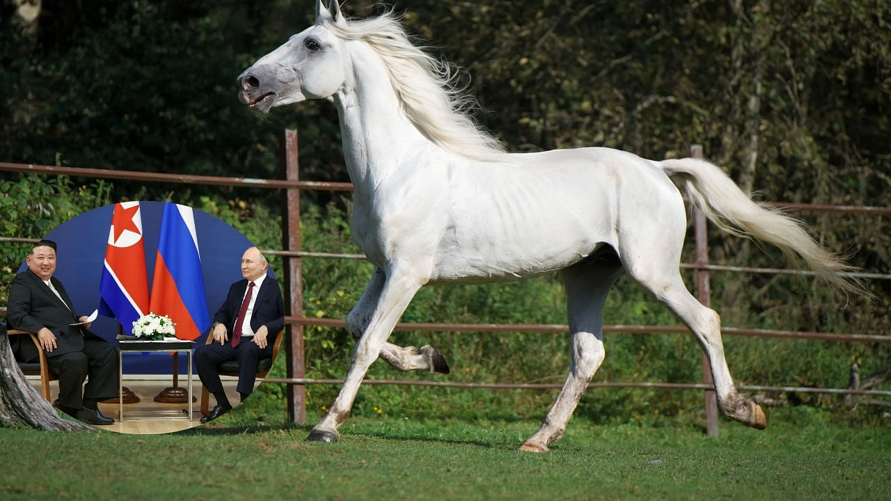 <div class="paragraphs"><p>An&nbsp;Orlov Trotter horse. (Inset: Kim Jong Un and Vladimir Putin).</p></div>