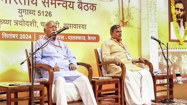 <div class="paragraphs"><p>RSS chief Mohan Bhagwat (L) and Sarkaryavah Dattatreya Hosabale (R), during the All India Coordination Meeting of the Rashtriya Swayamsevak Sangh (RSS), in Palakkad, Kerala. </p></div>