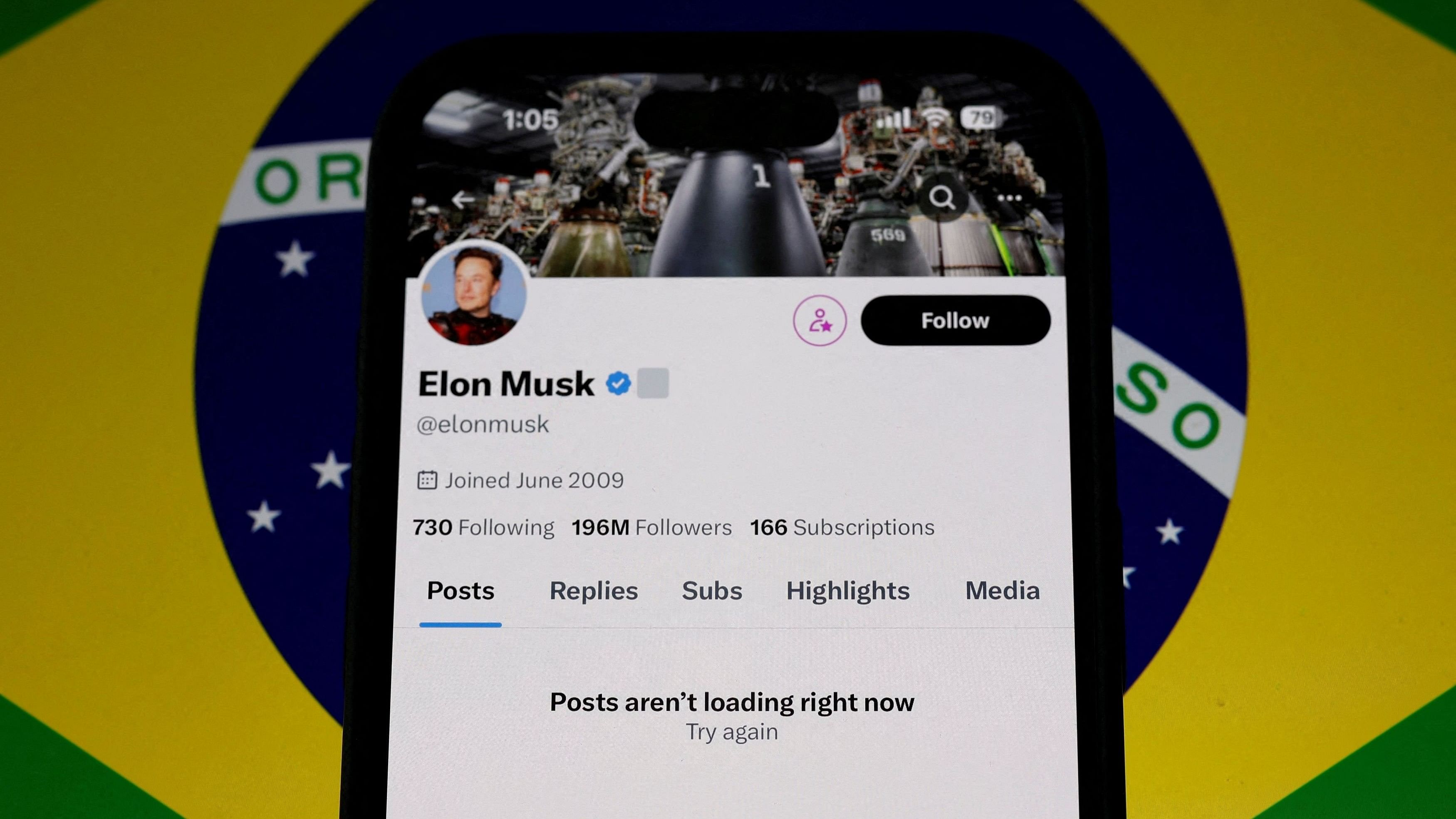 <div class="paragraphs"><p>The X account of Elon Musk in seen blocked on a mobile screen in this illustration after Brazil's telecommunications regulator suspended access to Elon Musk's X social network in the country to comply with an order from a judge who has been locked in a months-long feud with the billionaire investor, Sao Paulo, Brazil.</p></div>