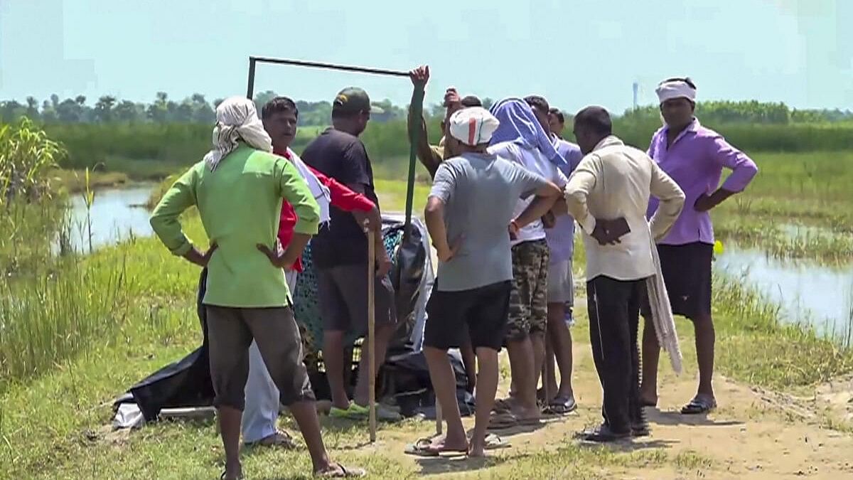 <div class="paragraphs"><p>People gather around one of the captured wolves in Bahraich</p></div>