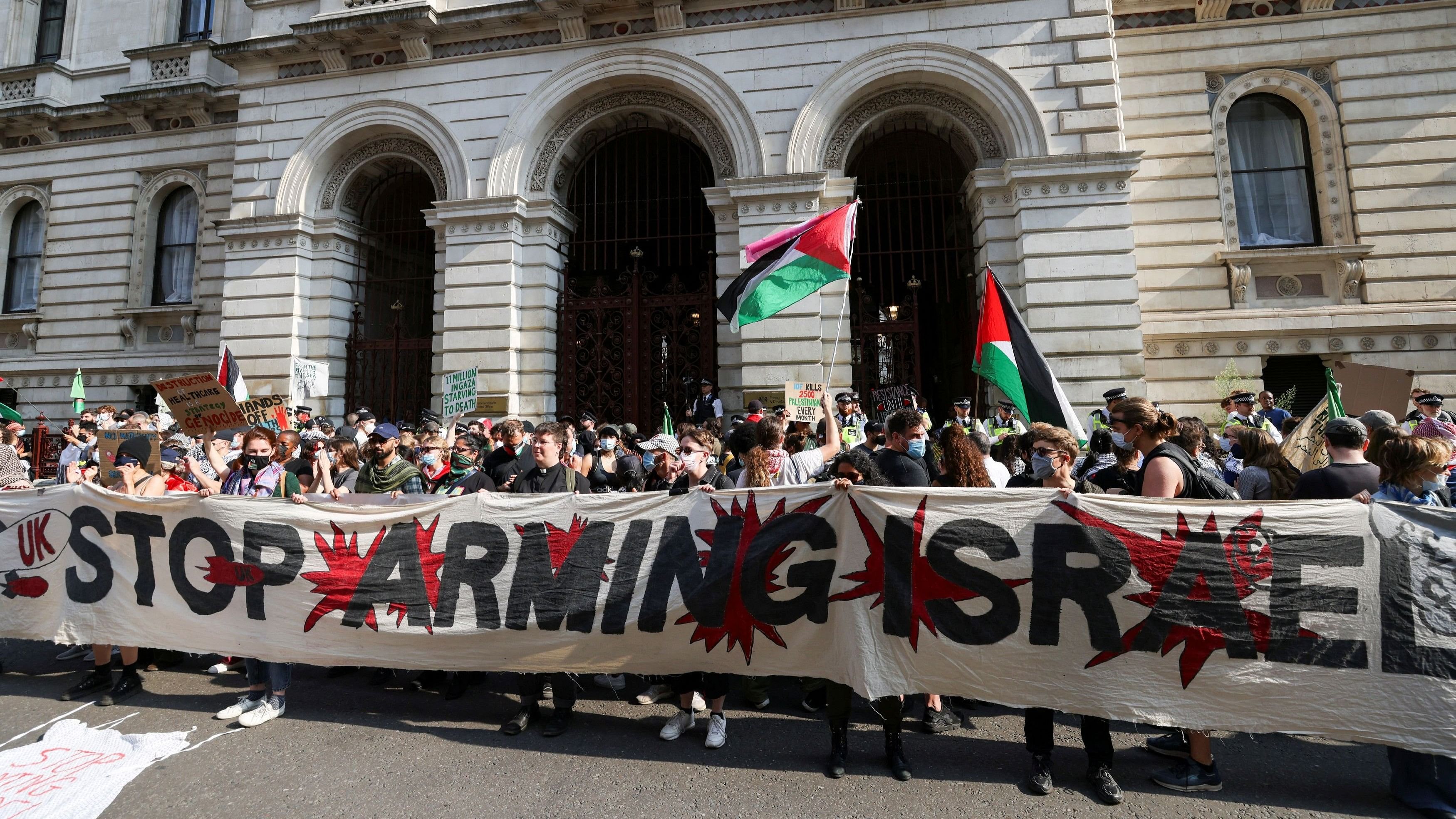 <div class="paragraphs"><p>File photo shows pro-Palestinian demonstrators from 'Workers for a Free Palestine' gather outside the Foreign, Commonwealth and Development Office, in a protest against arms exports to Israel, in London, Britain </p></div>