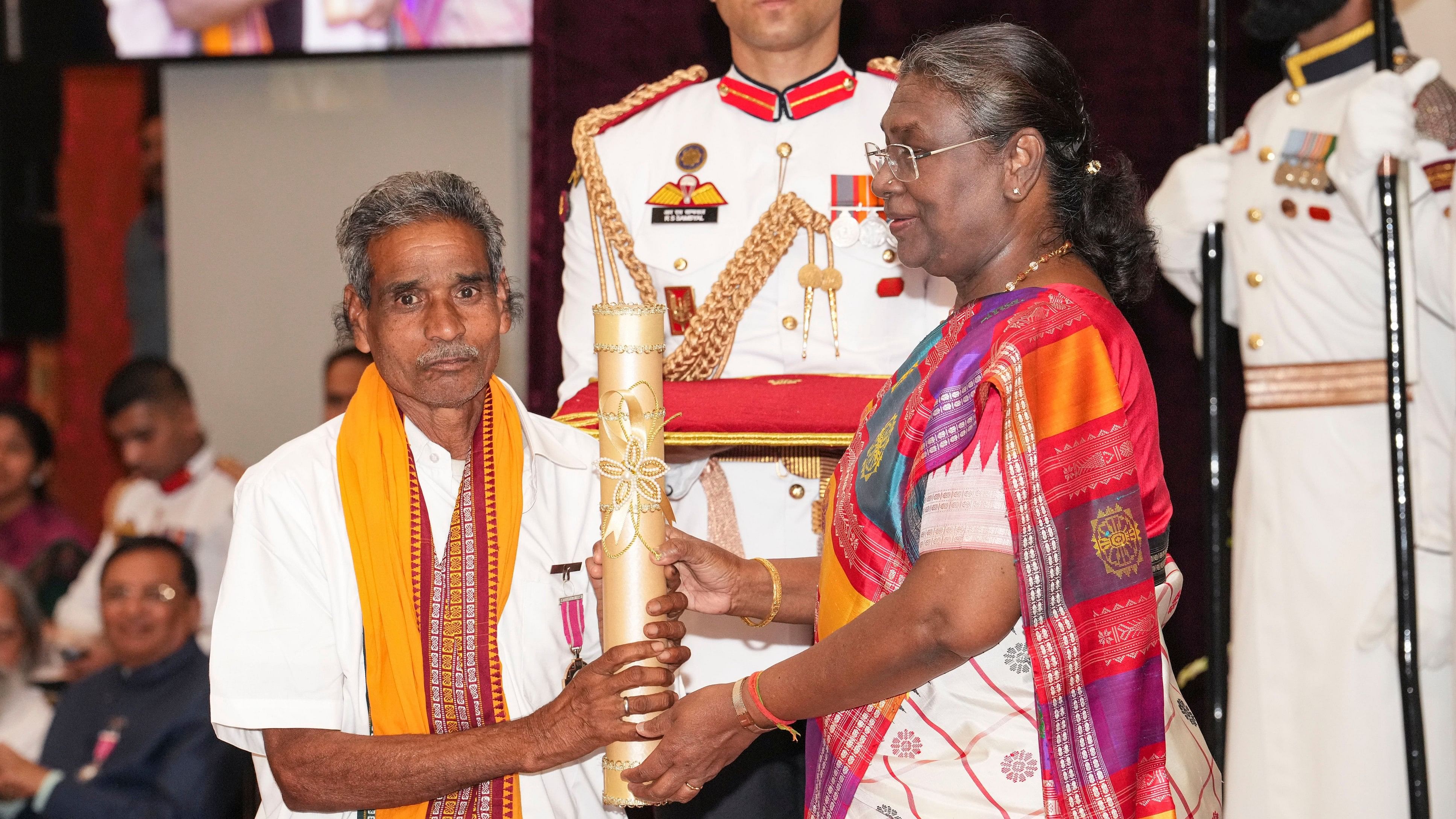 <div class="paragraphs"><p>Representative photo showing&nbsp;President Droupadi Murmu conferring Padma Shri on Jageshwar Yadav during the second civil investiture ceremony of Padma Awards 2024 at Rashtrapati Bhavan.</p></div>