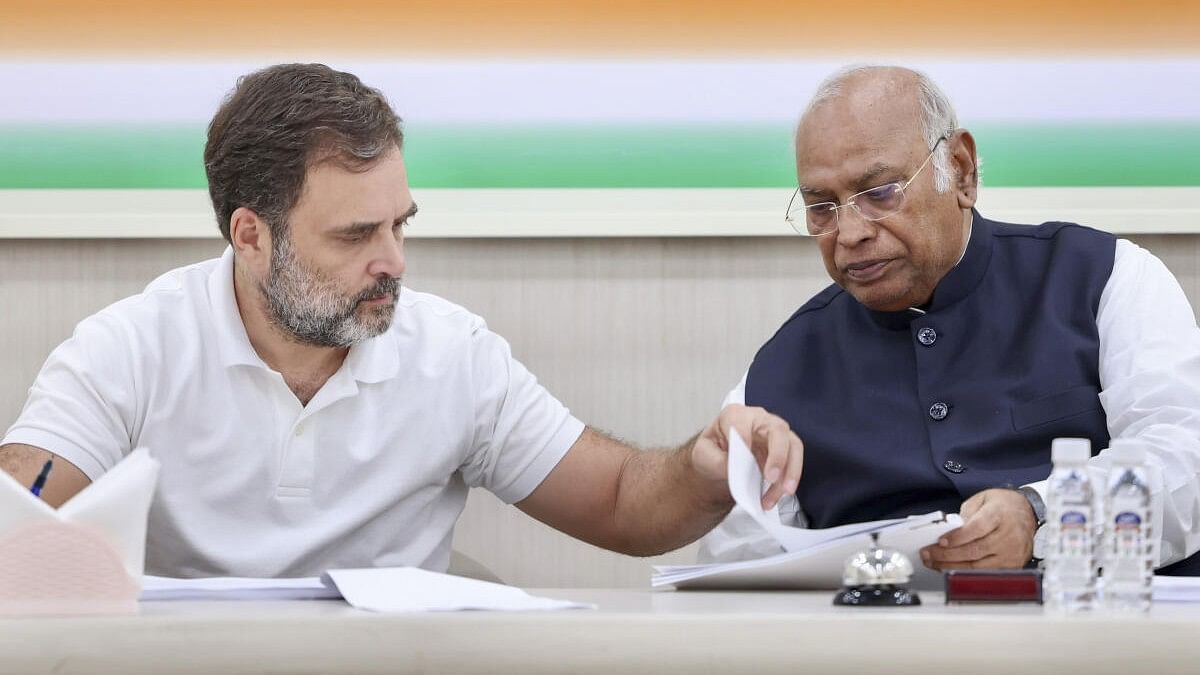 <div class="paragraphs"><p>Rahul Gandhi (left) with Mallikarjun Kharge during Congress Central Election Committee meeting in New Delhi. </p></div>