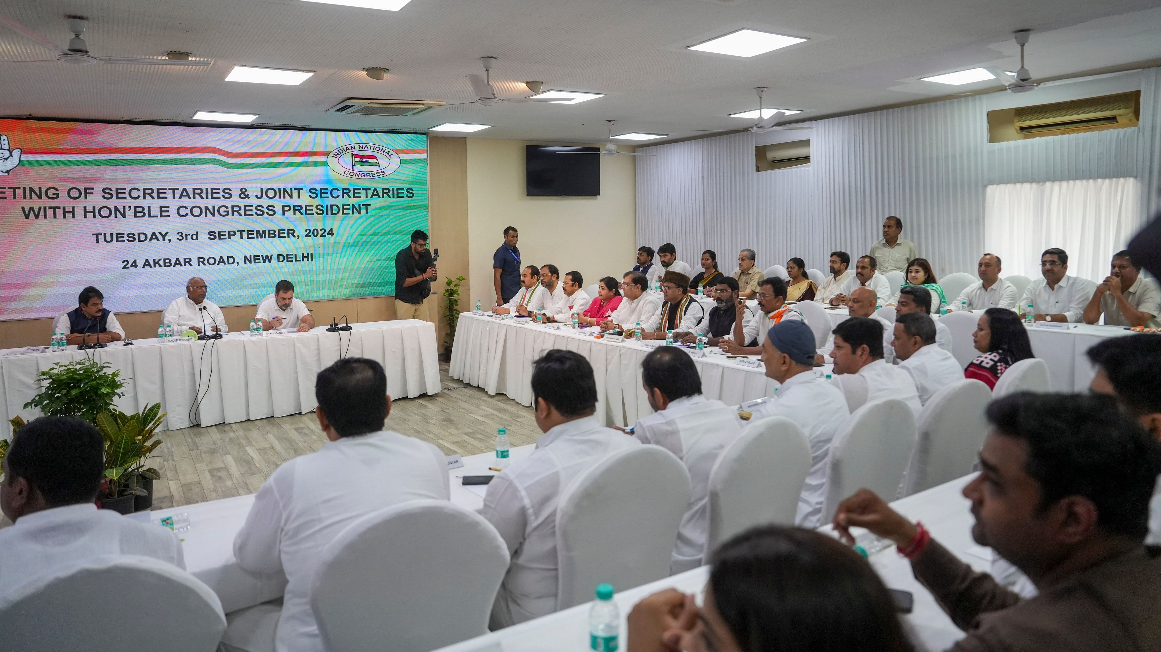 <div class="paragraphs"><p>Leader of Opposition in Lok Sabha and Congress MP Rahul Gandhi with party President Mallikarjun Kharge and party MP K C Venugopal during meeting with party secretaries and joint secretaries, in New Delhi, Tuesday, September 3, 2024. </p></div>