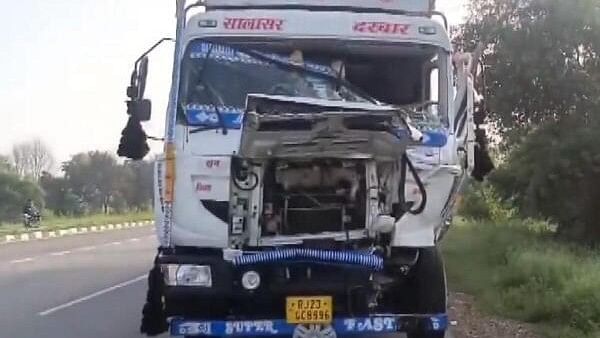 <div class="paragraphs"><p>The damaged truck that hit a pick-up vehicle at Narwana, in Jind, Tuesday, September 3, 2024. </p></div>