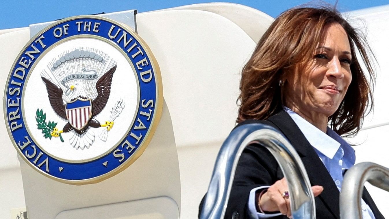 <div class="paragraphs"><p>Democratic presidential nominee and US Vice President Kamala Harris boards Air Force 2 for departure at Detroit Metropolitan Wayne County Airport, in Detroit, Michigan/</p></div>