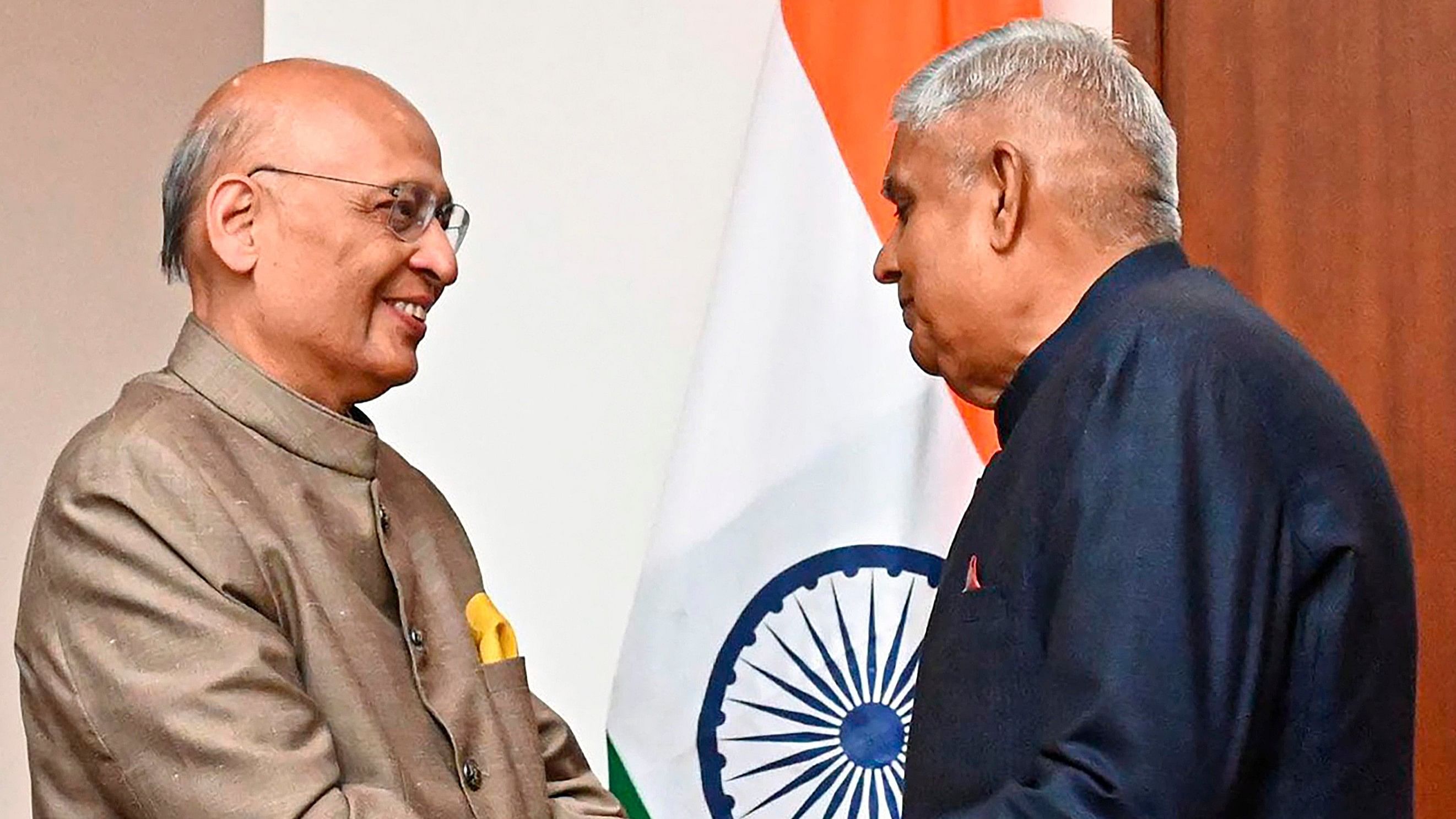 <div class="paragraphs"><p>Vice President Jagdeep Dhankhar (R) with elected Member of Rajya Sabha Abhishek Manu Singhvi (L) after the latter's oath taking ceremony, at Parliament House in New Delhi.</p></div>