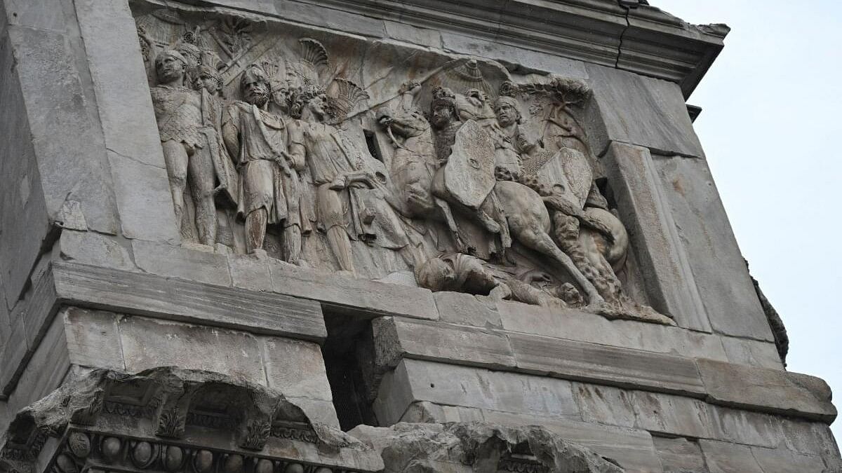 <div class="paragraphs"><p>The damaged part of Constantine's Arch is seen after lightning struck it during a storm in Rome, Italy September 3, 2024.</p></div>