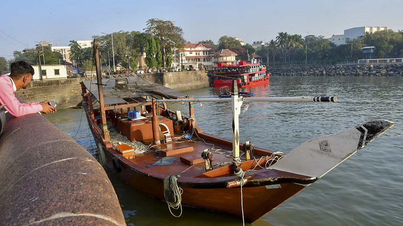 <div class="paragraphs"><p>A boat, which was used by three persons who arrived from Kuwait, anchored at the Gateway of India, in Mumbai, Wednesday, February 7, 2024. </p></div>