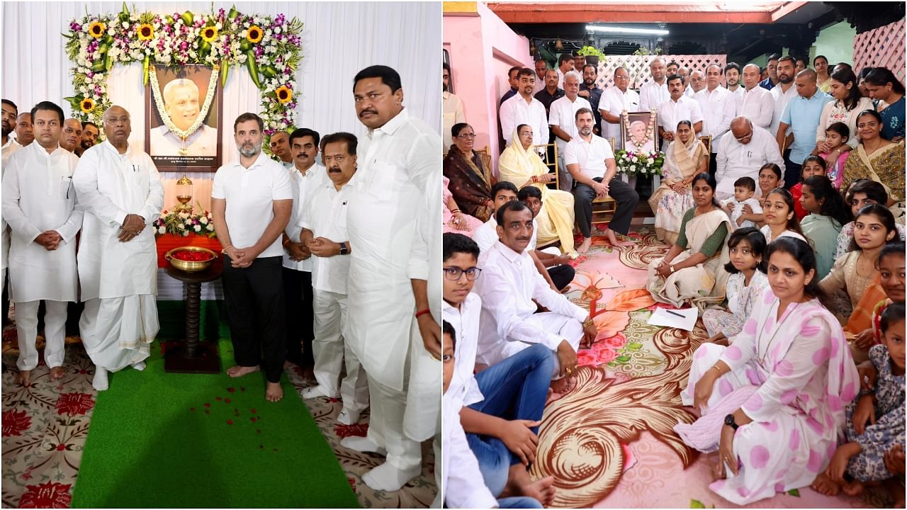 <div class="paragraphs"><p>Congress leaders Mallikarjun Kharge and Rahul Gandhi with family members of late party leader Vasantrao Chavan.</p></div>