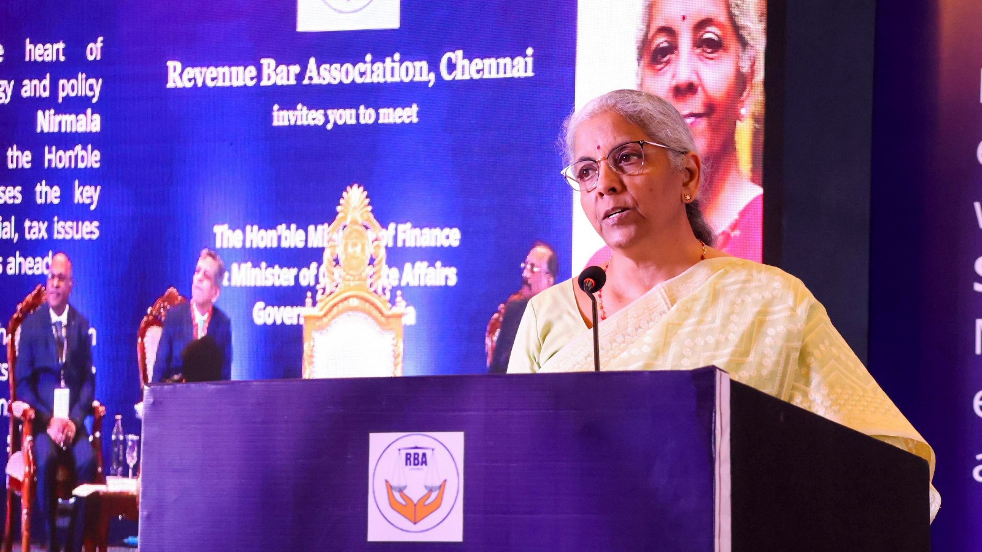 <div class="paragraphs"><p>Union Finance Minister Nirmala Sitharaman addresses at 'The Finance Minister's Insight: Path Forward' event organised by the Revenue Bar Association, in Chennai, Tamil Nadu</p></div>