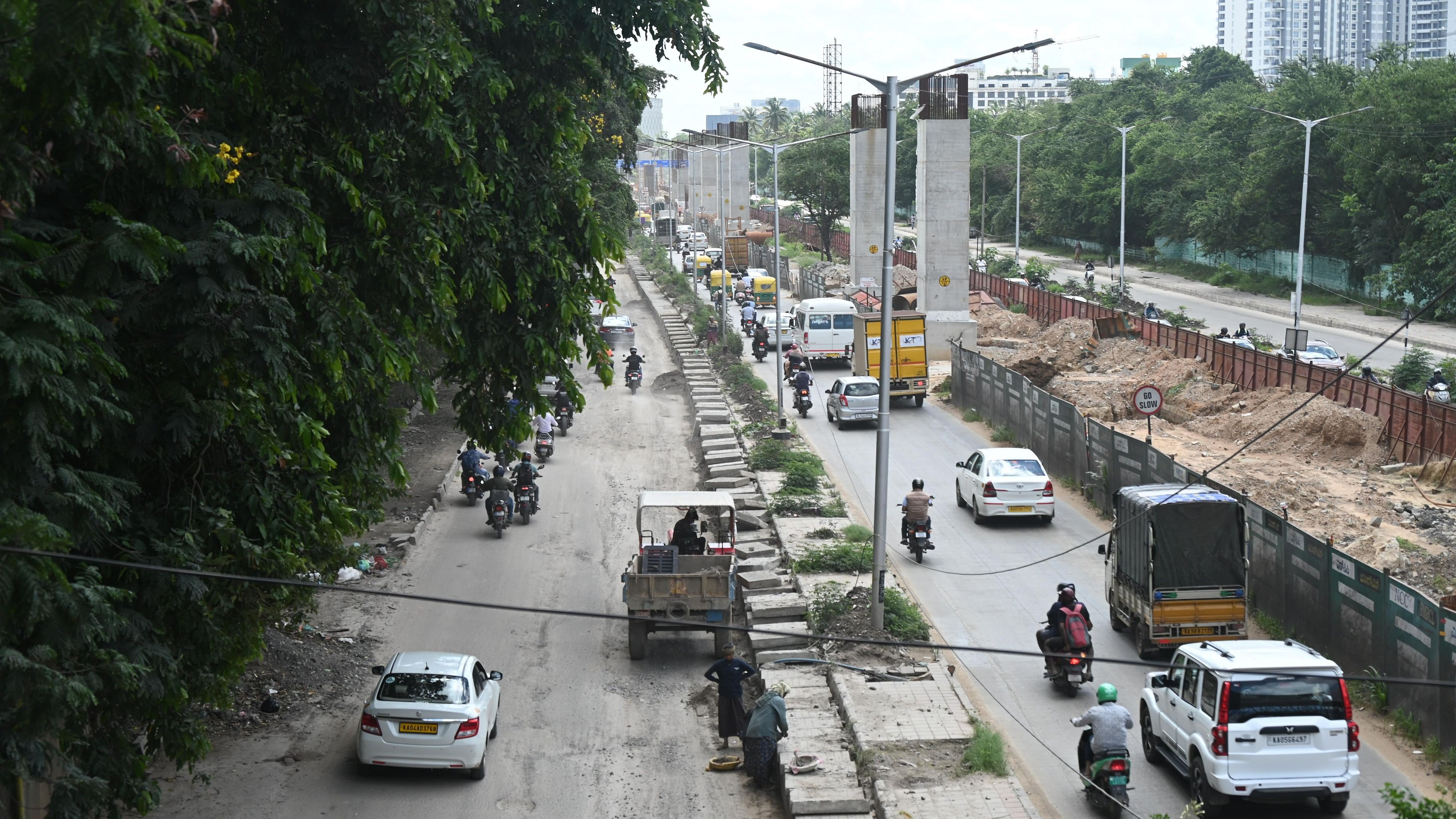 <div class="paragraphs"><p>Ongoing metro pillar construction work by Namma Metro at the Veerannapalya Junction on the Outer Ring Road. </p></div>