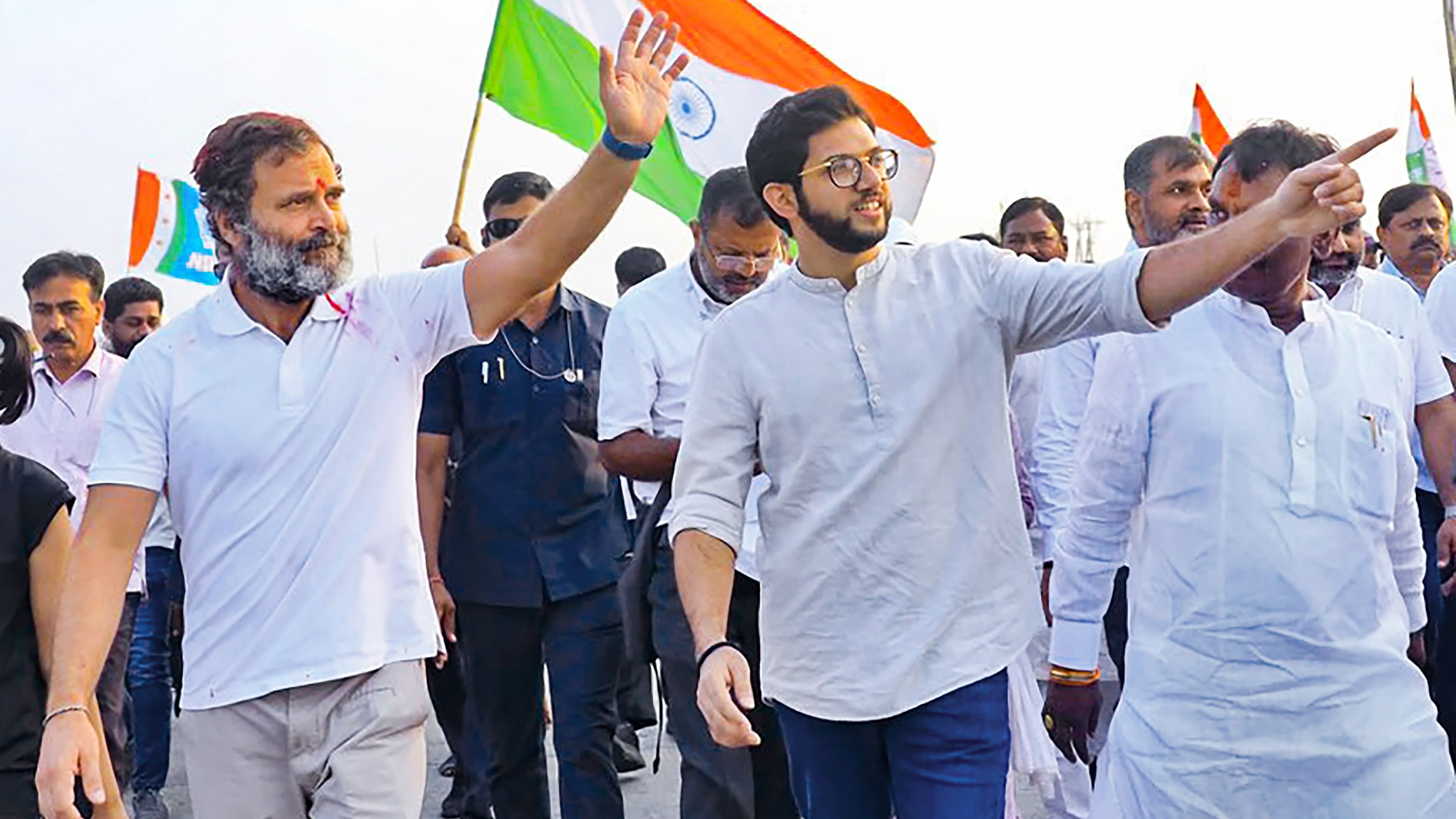 <div class="paragraphs"><p>File photo of&nbsp;Congress leader Rahul Gandhi with Shiv Sena (Uddhav Balasaheb Thackeray) leader Aaditya Thackeray</p></div>