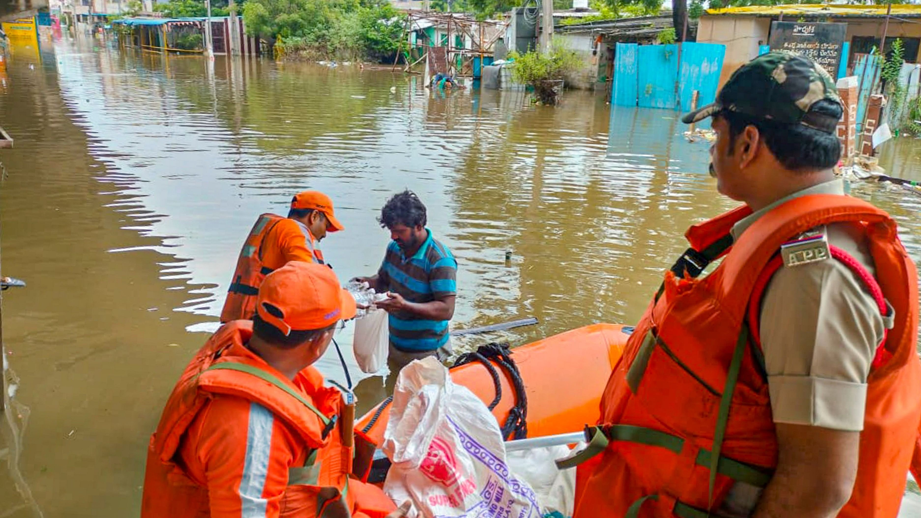 <div class="paragraphs"><p>NDRF personnel conduct a rescue operation in a flood-affected area, in Vijayawada. on September5, 2024.</p></div>