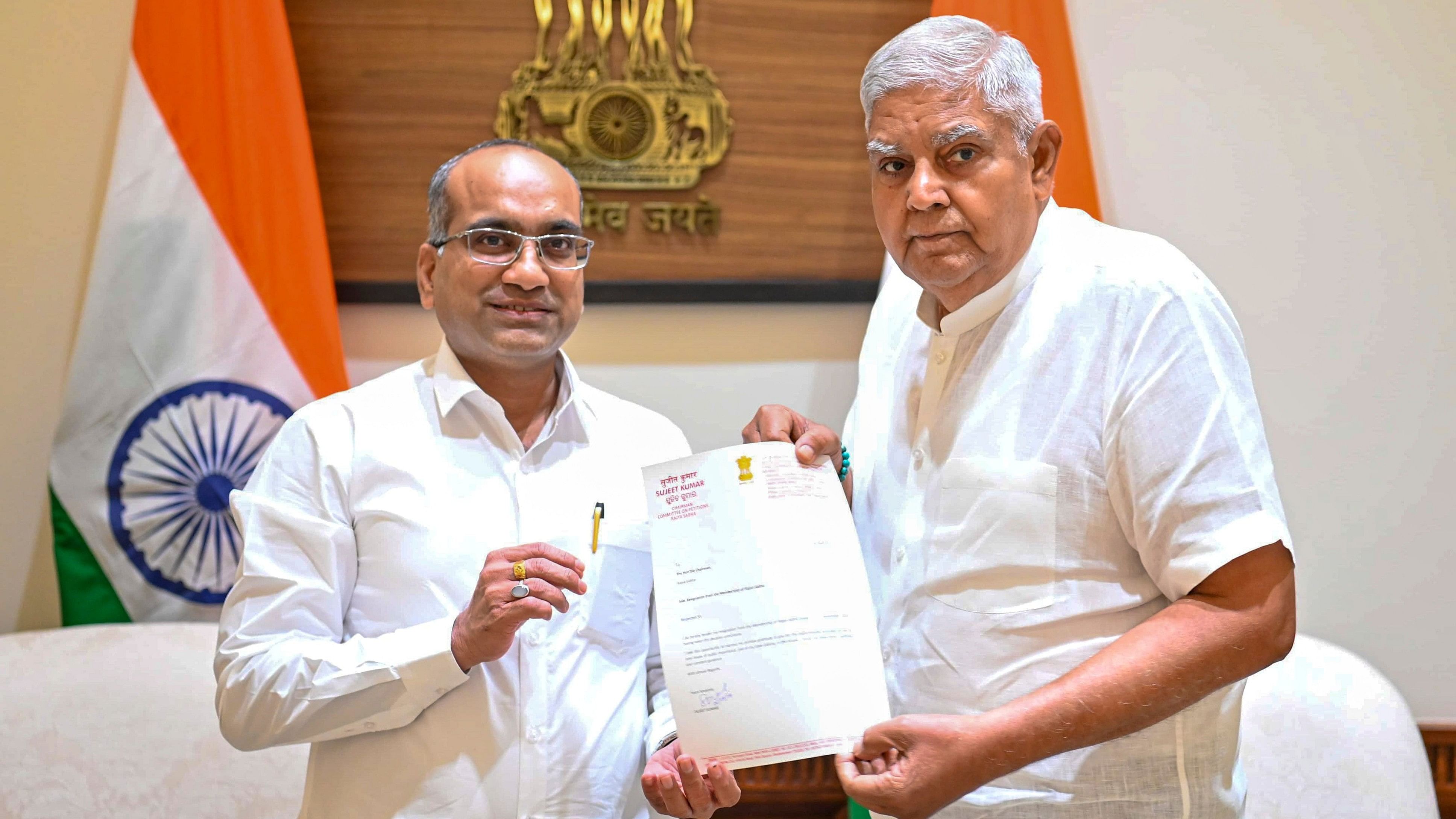 <div class="paragraphs"><p>Vice President Jagdeep Dhankhar accepts the resignation of Sujeet Kumar from the Council of States (Rajya Sabha), in New Delhi.&nbsp;</p></div>