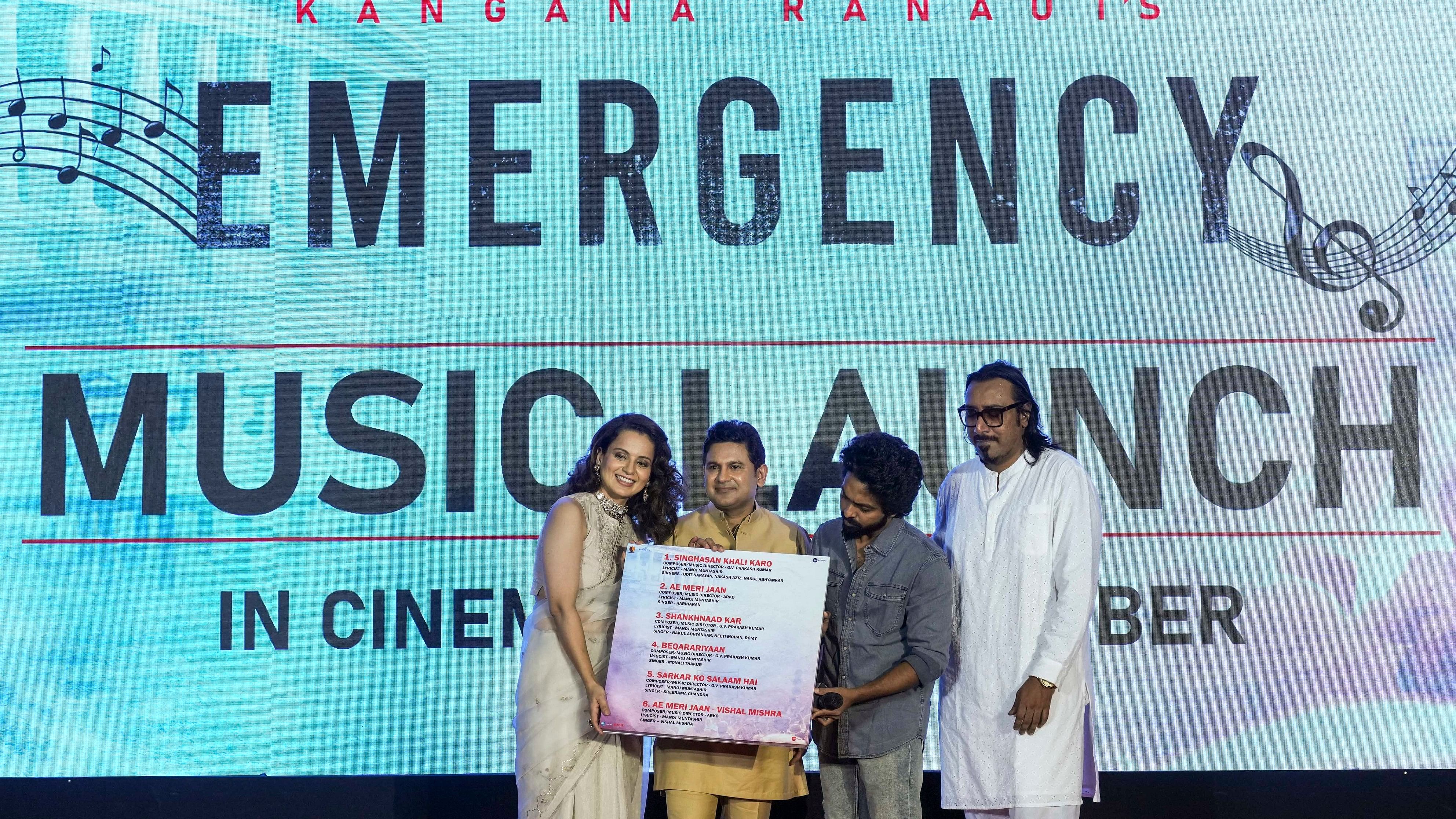 <div class="paragraphs"><p>(L-R) Actor and BJP MP Kangana Ranaut with lyricist Manoj Muntashir and musicians G V Prakash Kumar and Arko Pravo Mukherjee during music launch of the film 'Emergency', in New Delhi.</p></div>