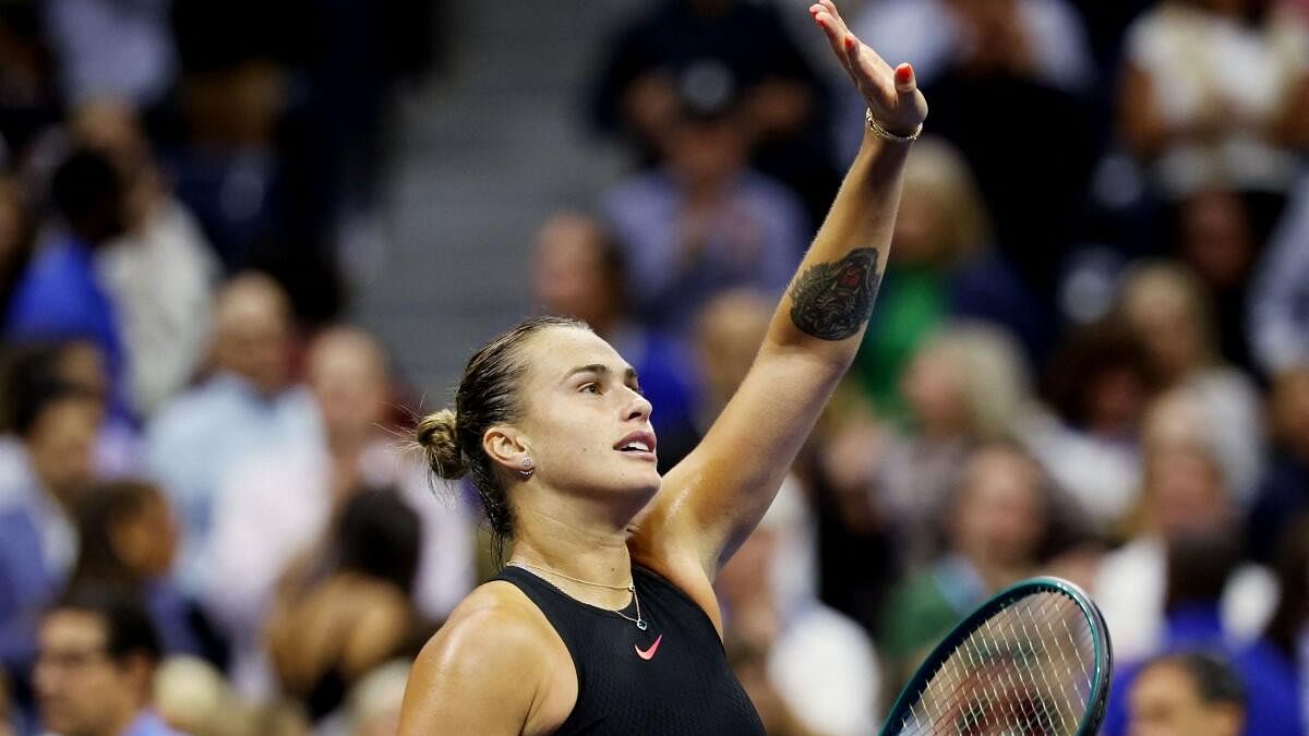 <div class="paragraphs"><p>Belarus' Aryna Sabalenka celebrates after winning her semi final match against Emma Navarro of the US.</p></div>