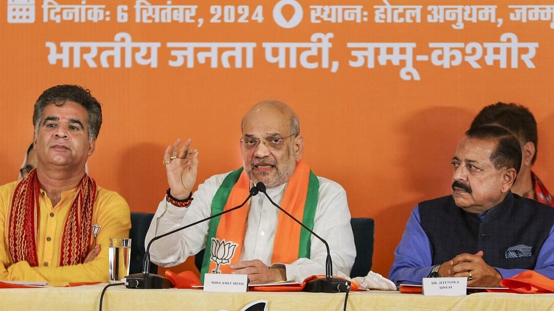 <div class="paragraphs"><p>Union Home Minister Amit Shah  addresses the media after the release of the party’s election manifesto ahead of the state Assembly elections, in Jammu.&nbsp;</p></div>