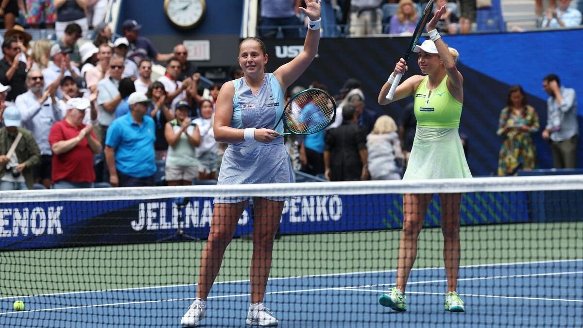 <div class="paragraphs"><p>Latvia's Jelena Ostapenko and Ukraine's Lyudmyla Kichenok celebrate after winning the women's double final against France's Kristina Mladenovic and Shuai Zhang.</p></div>